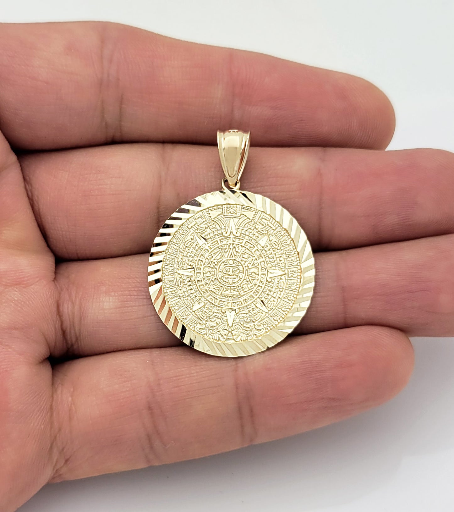 10K Yellow Gold Round Aztec Mayan Calendar Charm Pendant Mayan Gold 1.0 inch Diameter