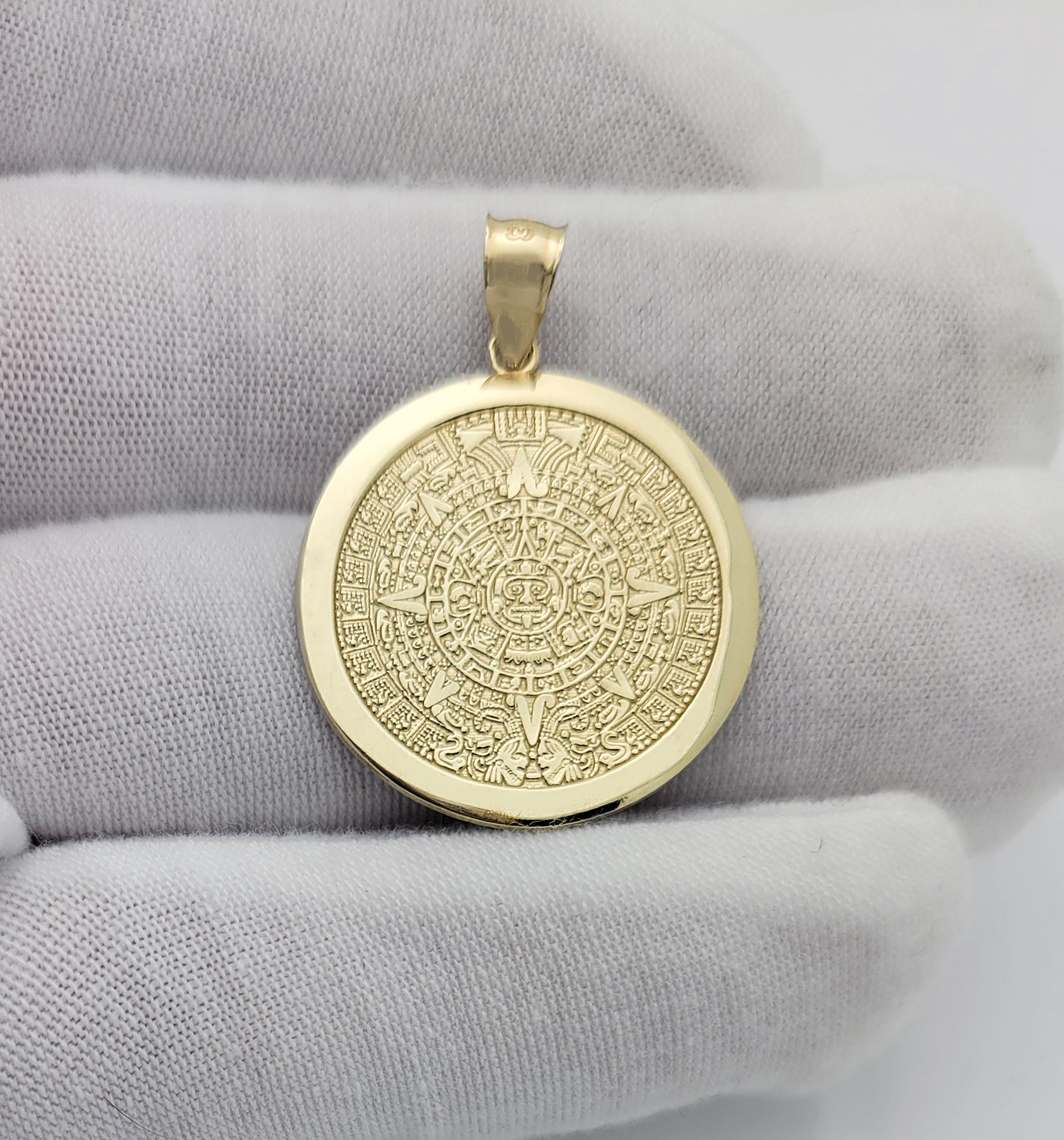 10K Yellow Gold Round Aztec Mayan Calendar Charm Pendant Mayan Gold 25 mm Diameter