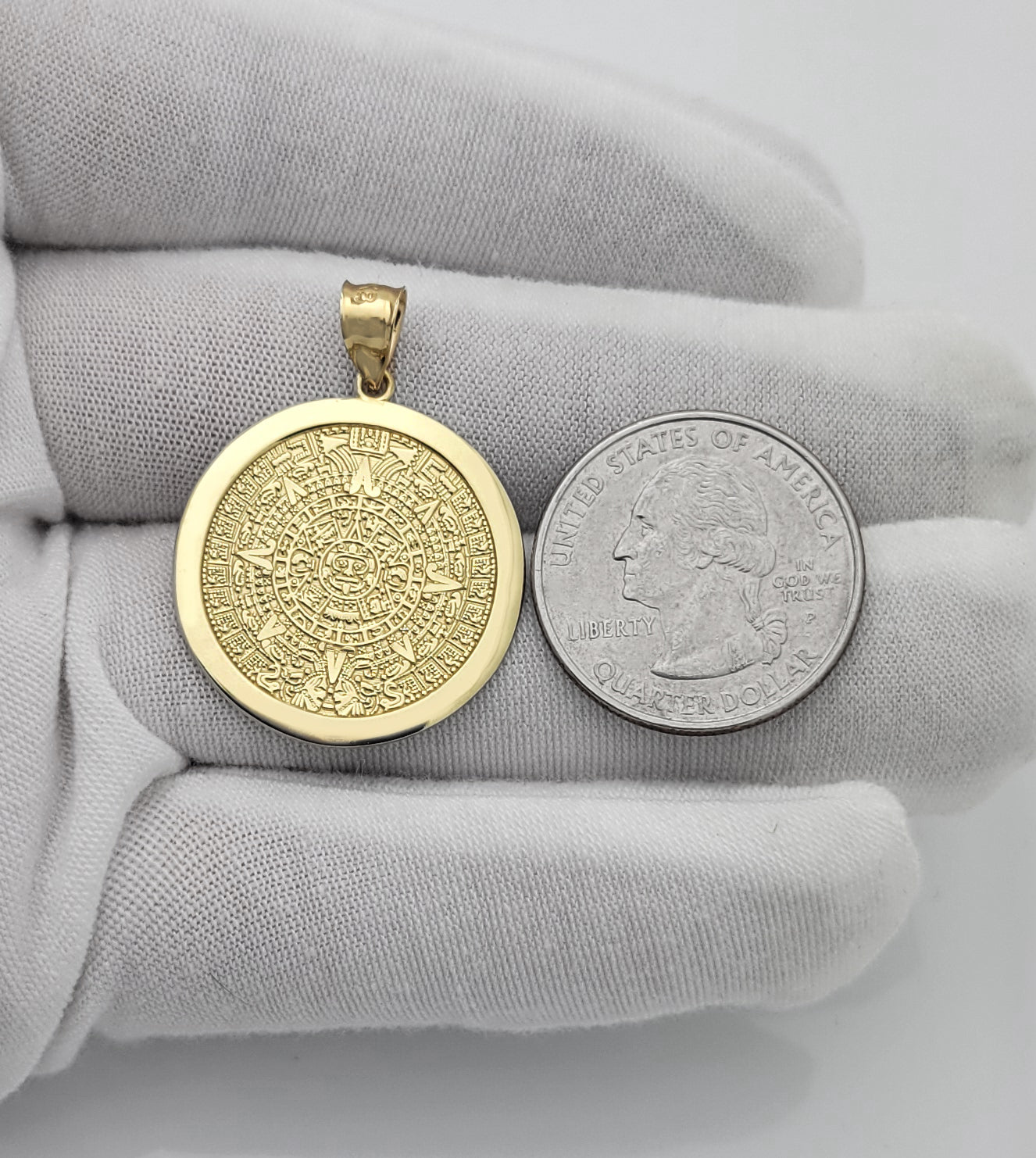 10K Yellow Gold Round Aztec Mayan Calendar Charm Pendant Mayan Gold 25 mm Diameter