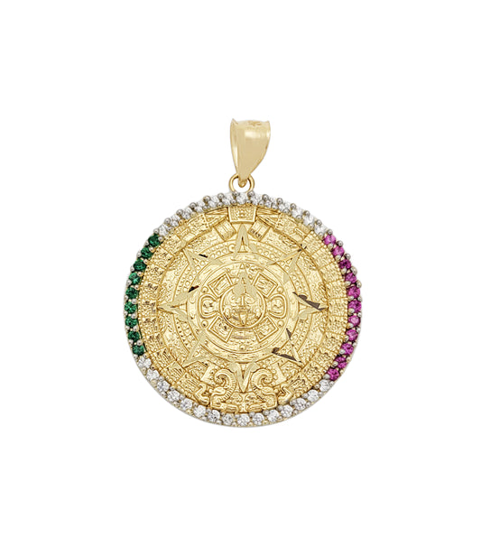 10K Yellow Gold Round Aztec Mayan Calendar Charm Pendant With CZ 28 mm Diameter Mexican Flag Color CZ