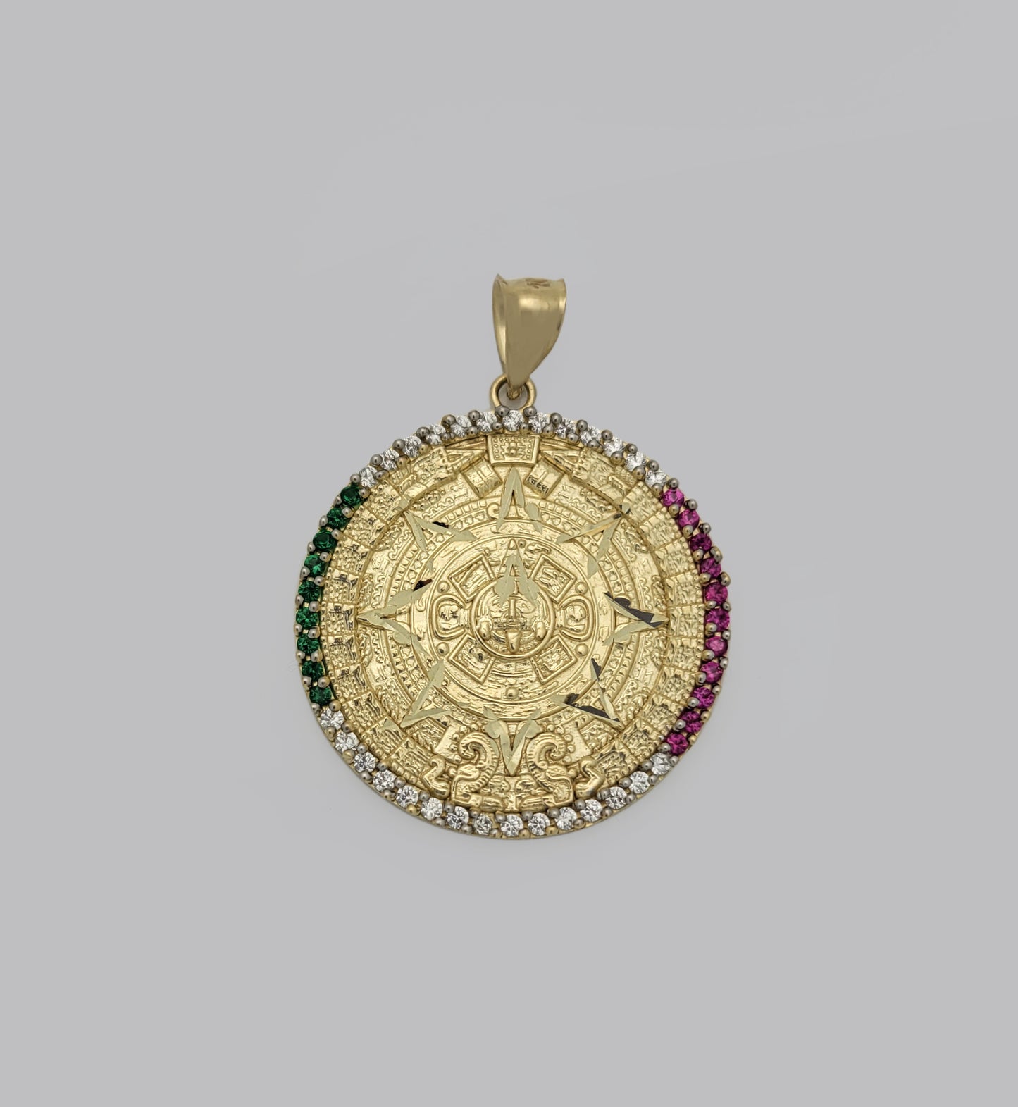 10K Yellow Gold Round Aztec Mayan Calendar Charm Pendant With CZ 28 mm Diameter Mexican Flag Color CZ