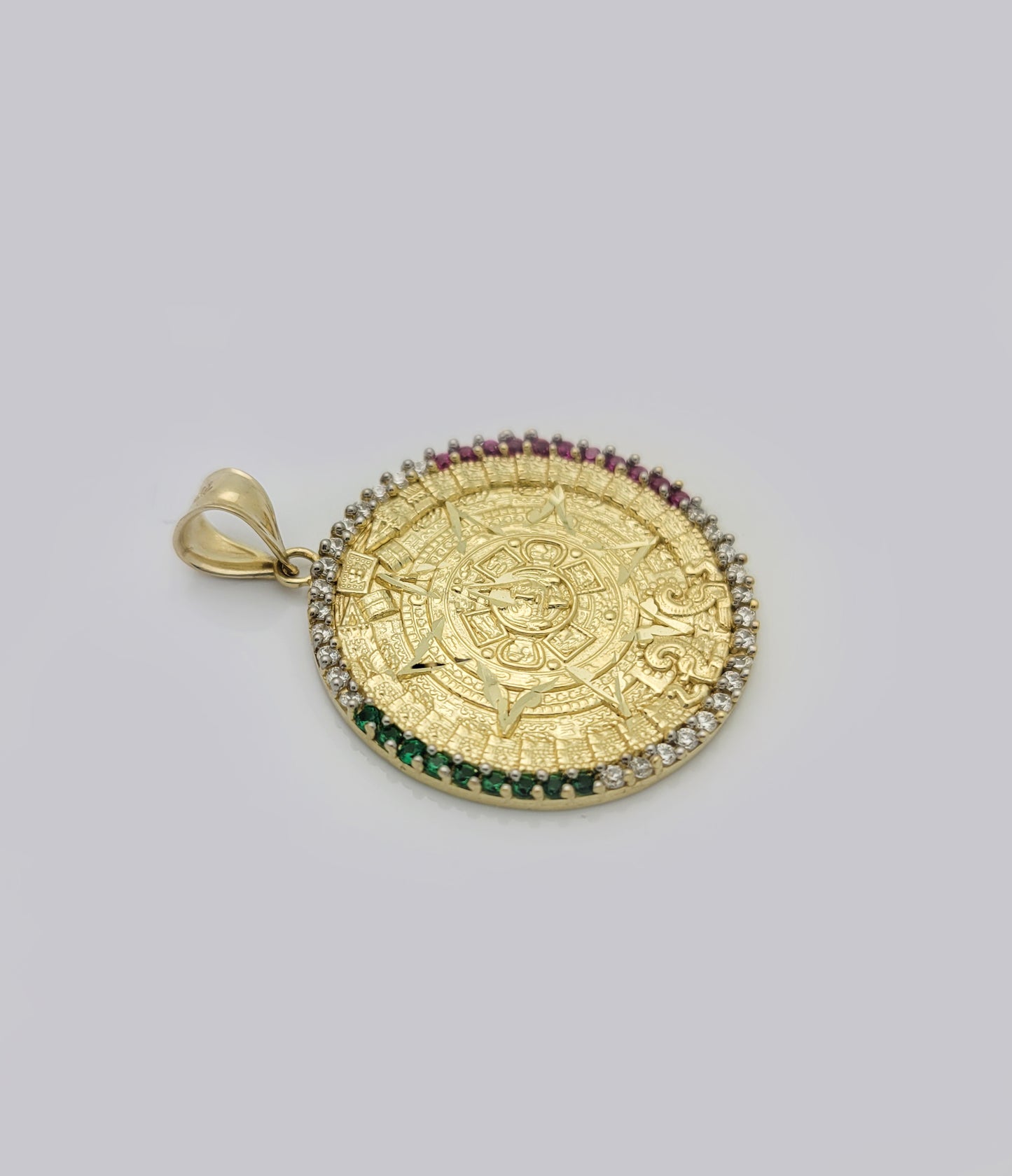 10K Yellow Gold Round Aztec Mayan Calendar Charm Pendant With CZ 28 mm Diameter Mexican Flag Color CZ