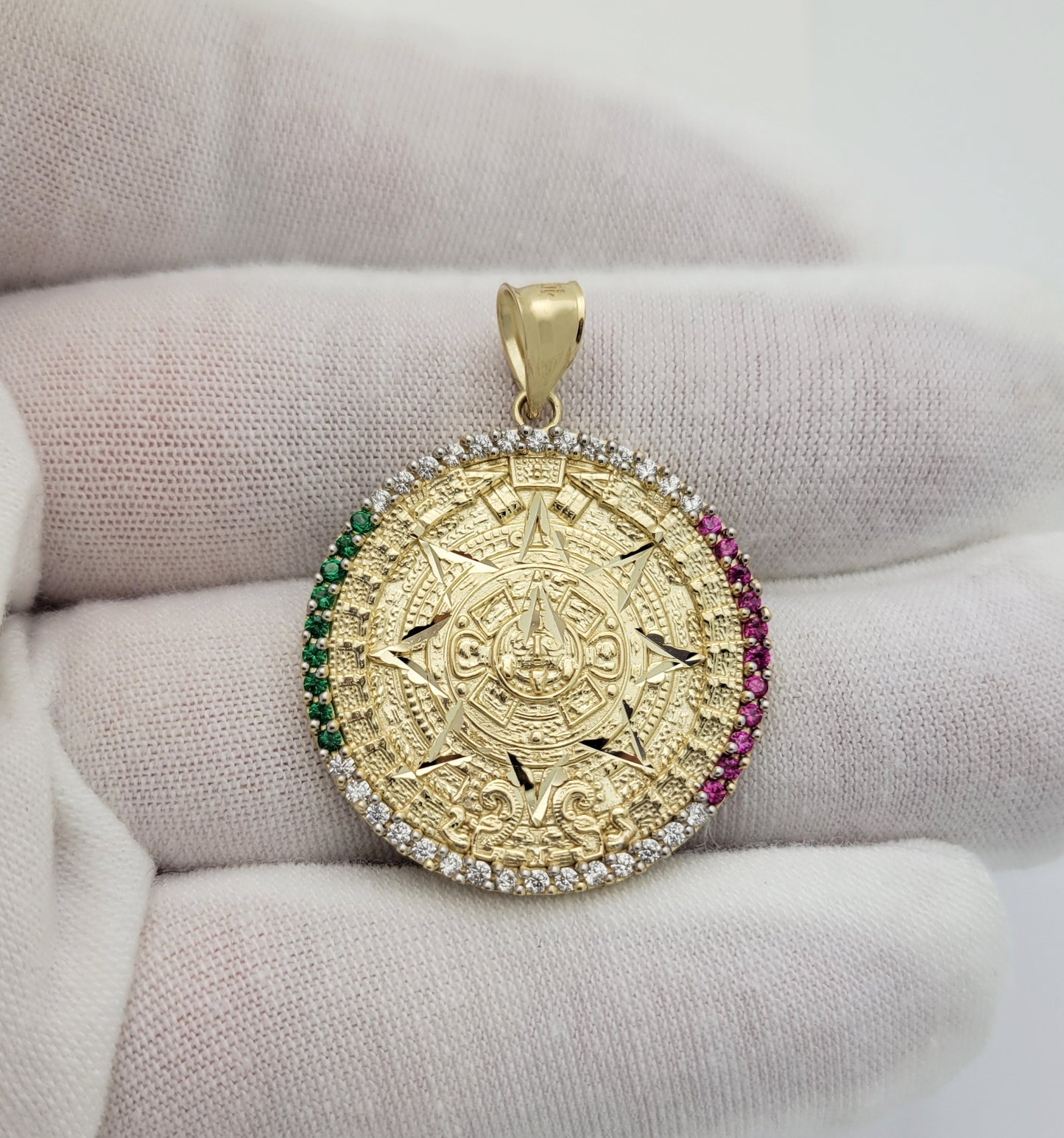 10K Yellow Gold Round Aztec Mayan Calendar Charm Pendant With CZ 28 mm Diameter Mexican Flag Color CZ