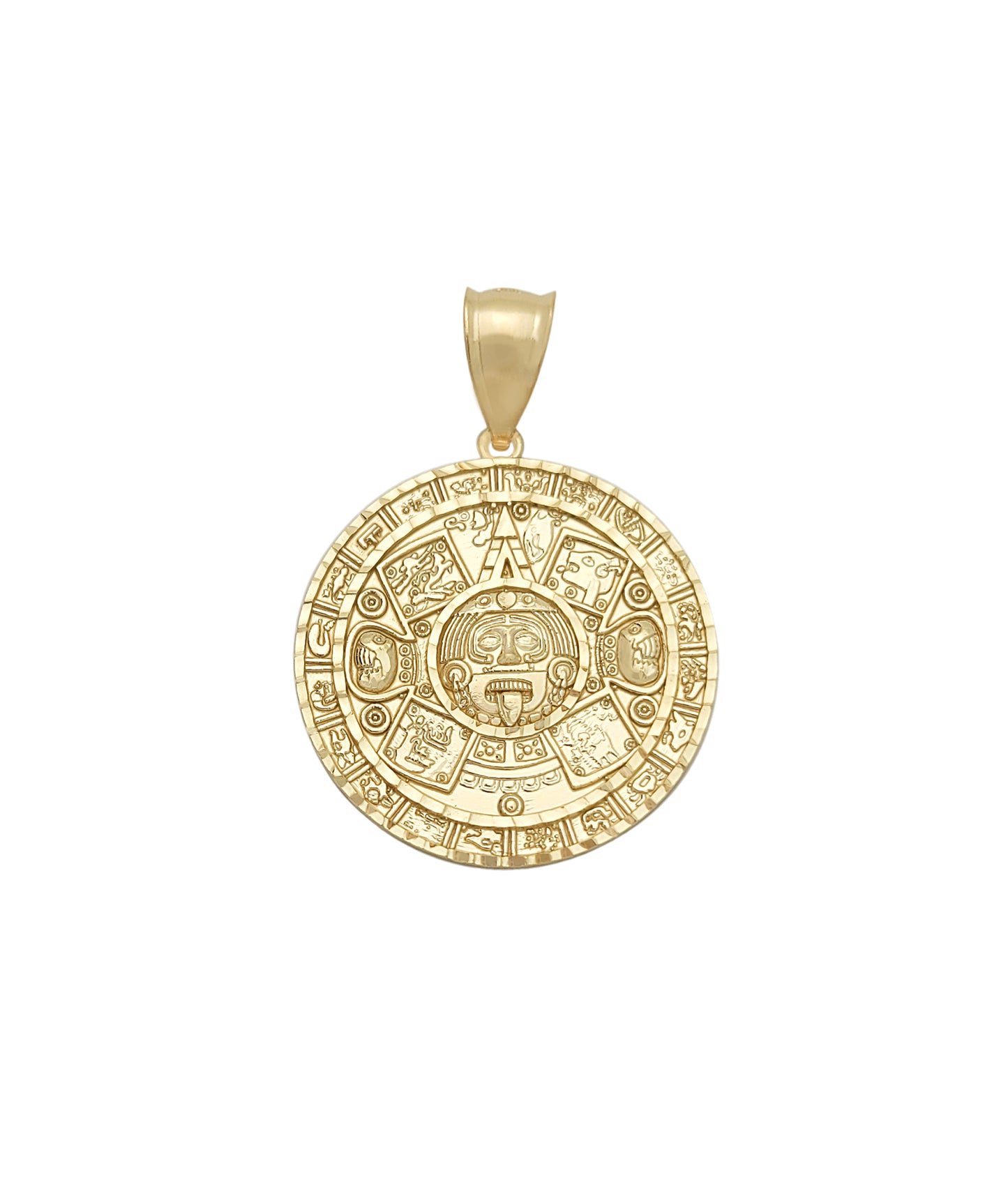 10K Yellow Gold Round Aztec Mayan Calendar Charm Pendant Mayan Gold 29 mm Diameter