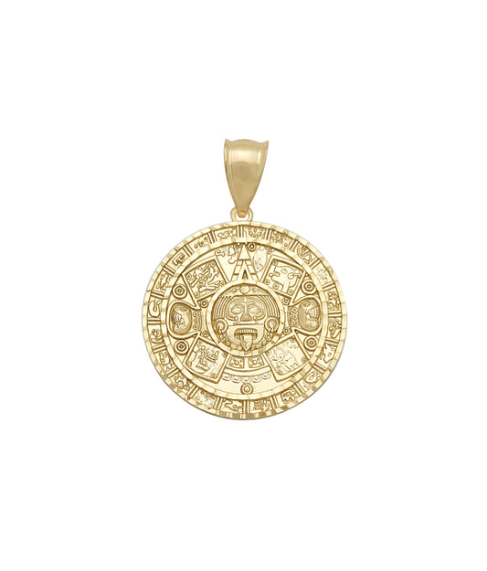 10K Yellow Gold Round Aztec Mayan Calendar Charm Pendant Mayan Gold 29 mm Diameter