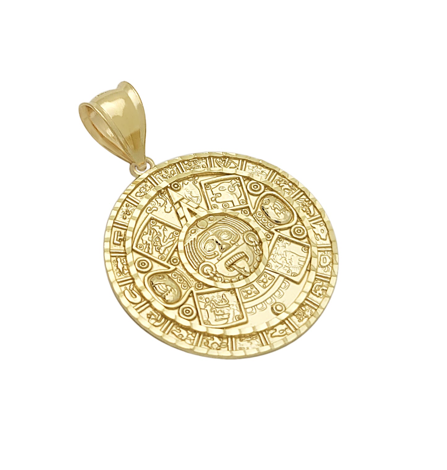 10K Yellow Gold Round Aztec Mayan Calendar Charm Pendant Mayan Gold 29 mm Diameter