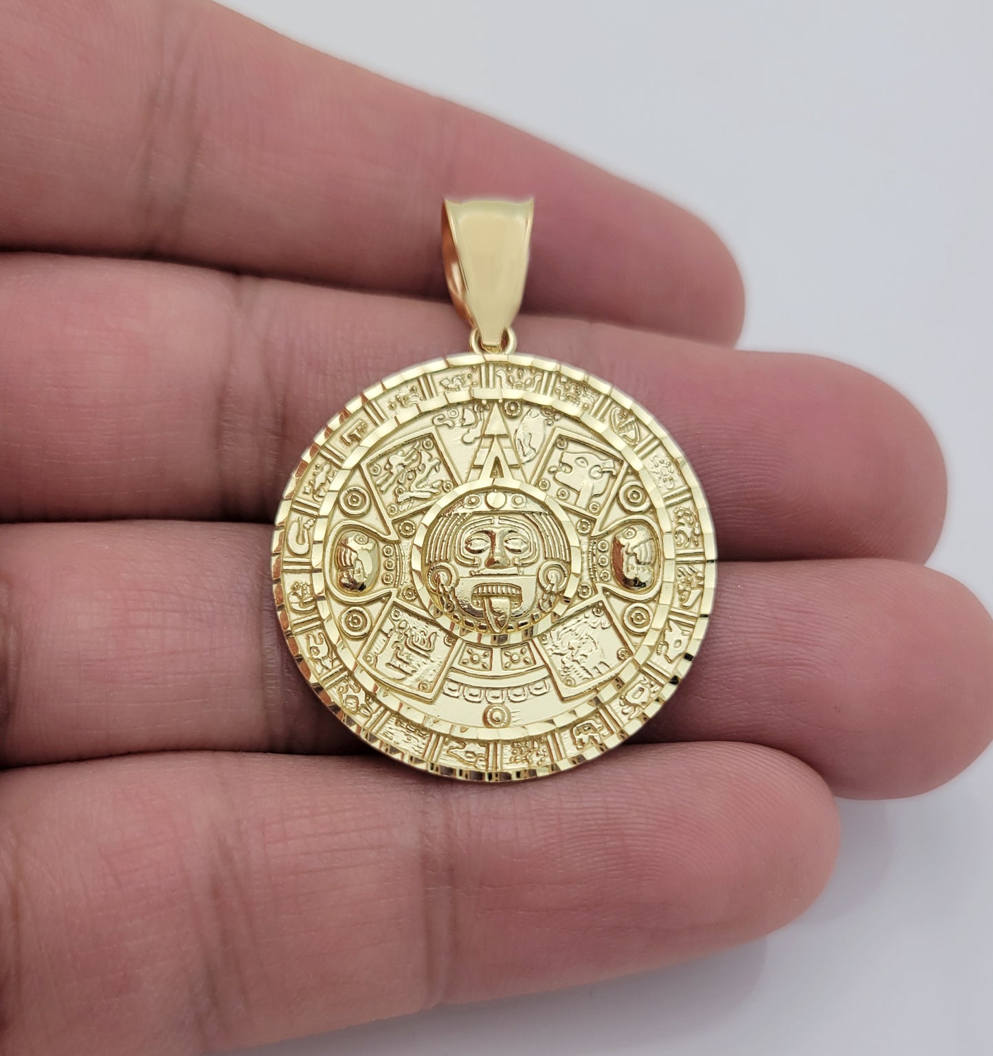 10K Yellow Gold Round Aztec Mayan Calendar Charm Pendant Mayan Gold 29 mm Diameter