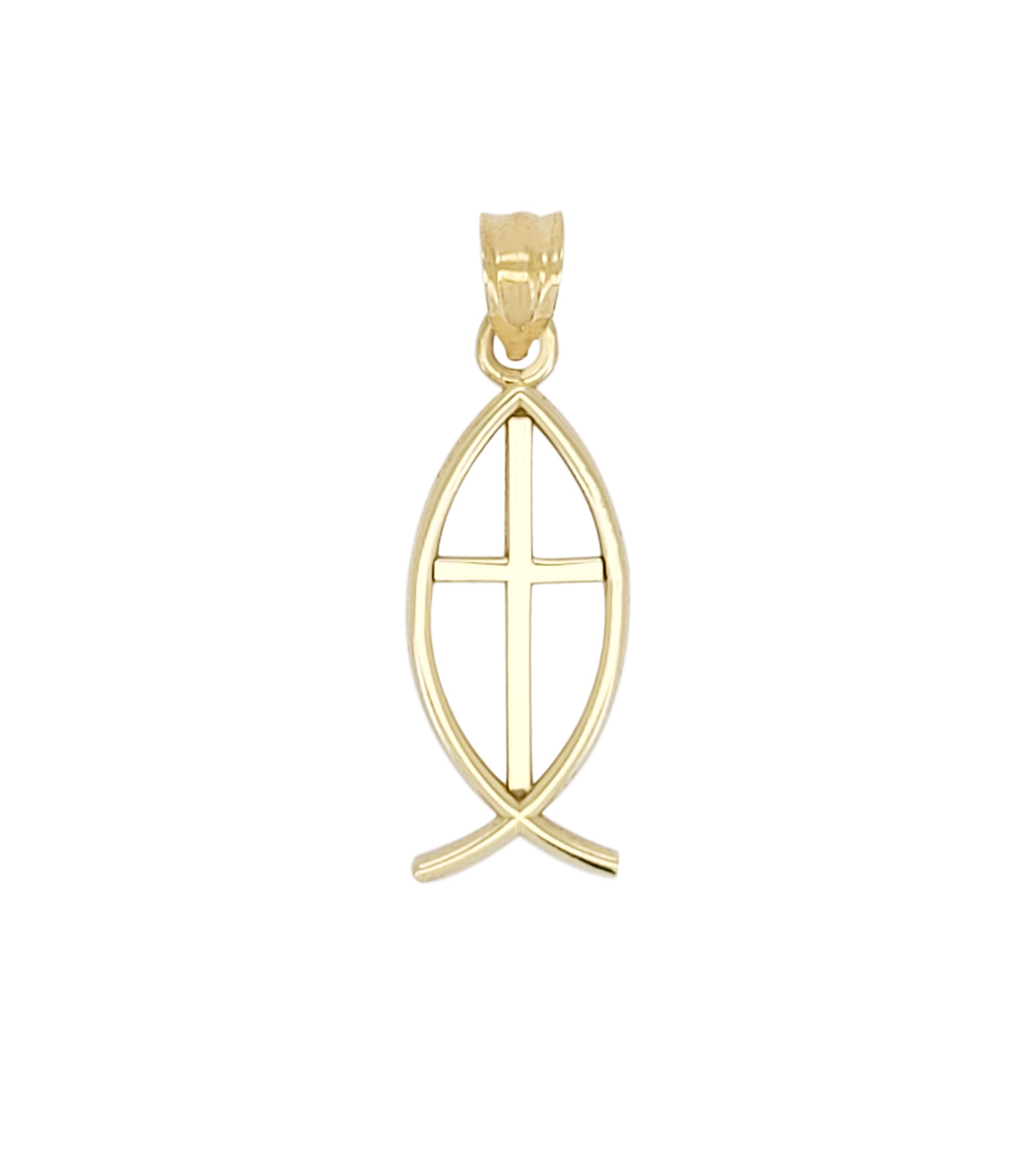 10K Yellow Gold Ichthus Christian Fish Symbol Pendant 1.3 inch Plain - Stunu jewelry