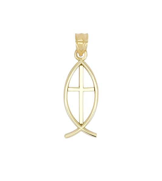 10K Yellow Gold Ichthus Christian Fish Symbol Pendant 1.3 inch Plain - Stunu jewelry