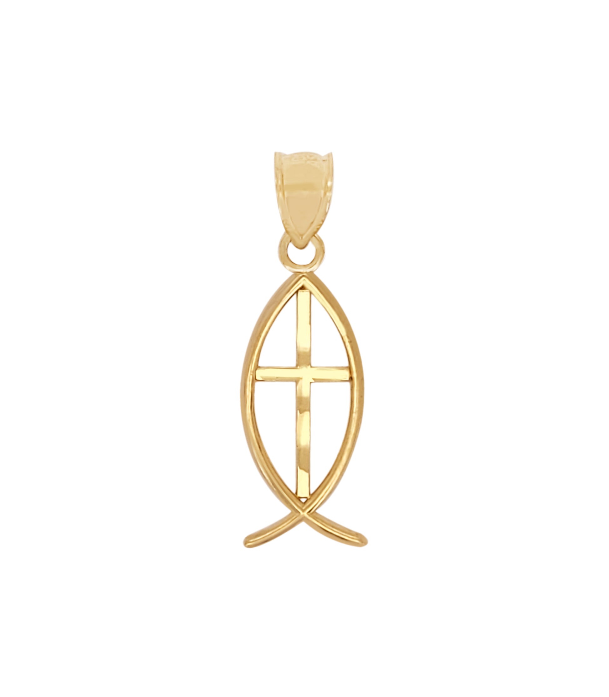 10K Yellow Gold Ichthus Christian Fish Symbol Pendant 1.3 inch Diamond Cut in Middle - Stunu jewelry