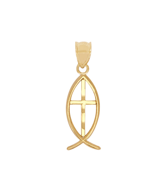 10K Yellow Gold Ichthus Christian Fish Symbol Pendant 1.3 inch Diamond Cut in Middle - Stunu jewelry