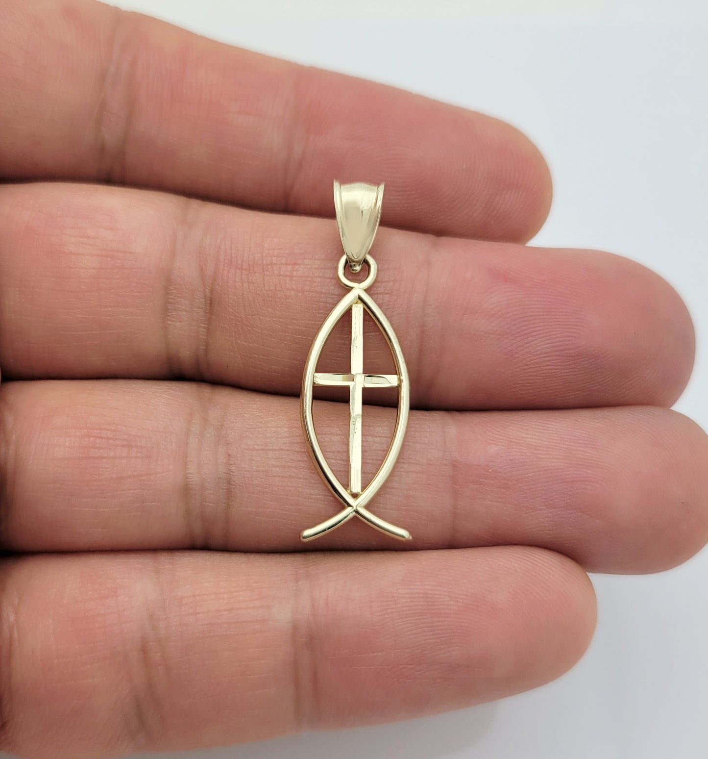 10K Yellow Gold Ichthus Christian Fish Symbol Pendant 1.3 inch Diamond Cut in Middle - Stunu jewelry