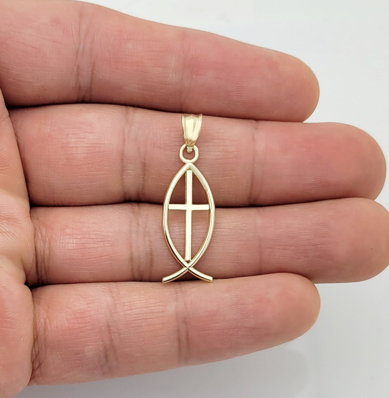 10K Yellow Gold Ichthus Christian Fish Symbol Pendant 1.3 inch Plain - Stunu jewelry