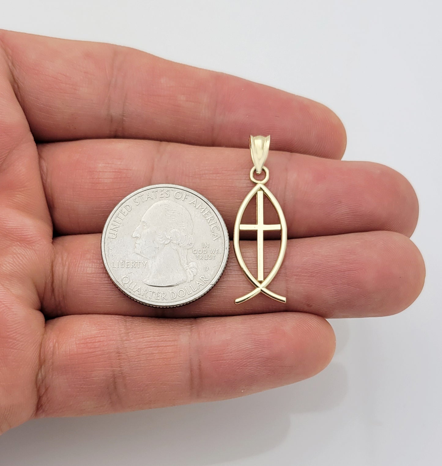 10K Yellow Gold Ichthus Christian Fish Symbol Pendant 1.3 inch Plain - Stunu jewelry
