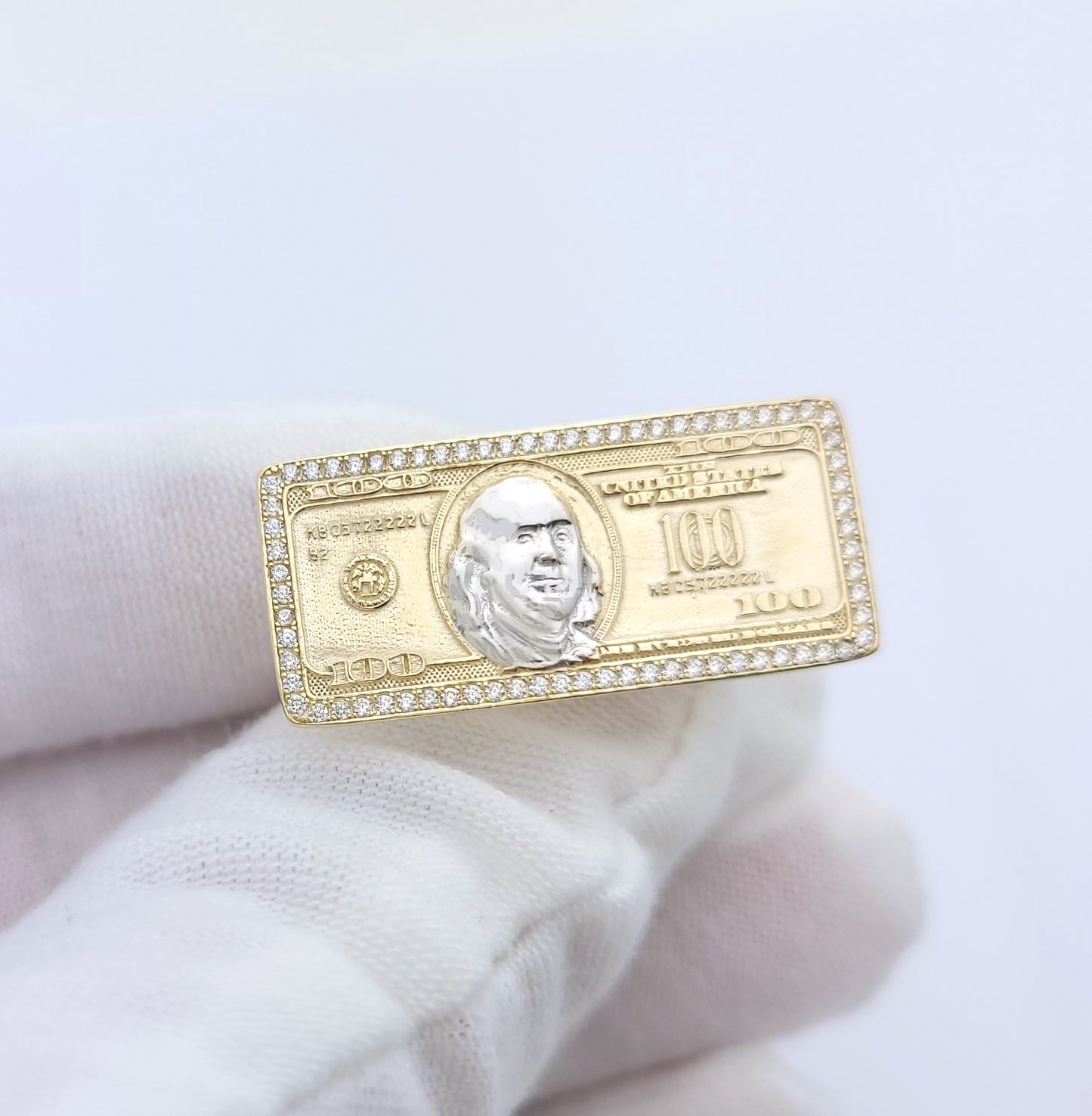 10K Yellow Gold Hundred Dollar Bill Ring Benjamin Franklin Ring With CZ Stones