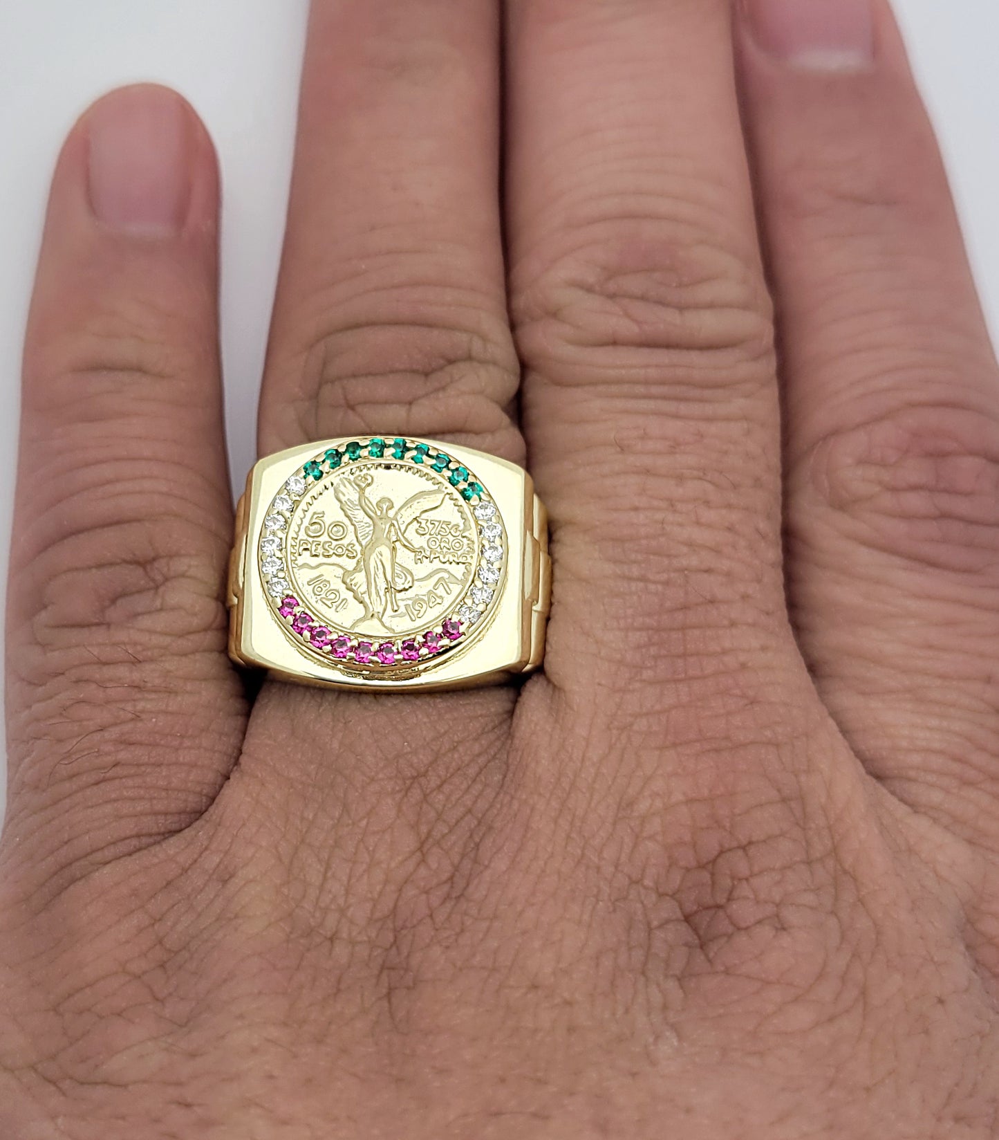 10K Yellow Gold 50 Pesos Coin Ring Mexican Flag Color Ring 7.5 g