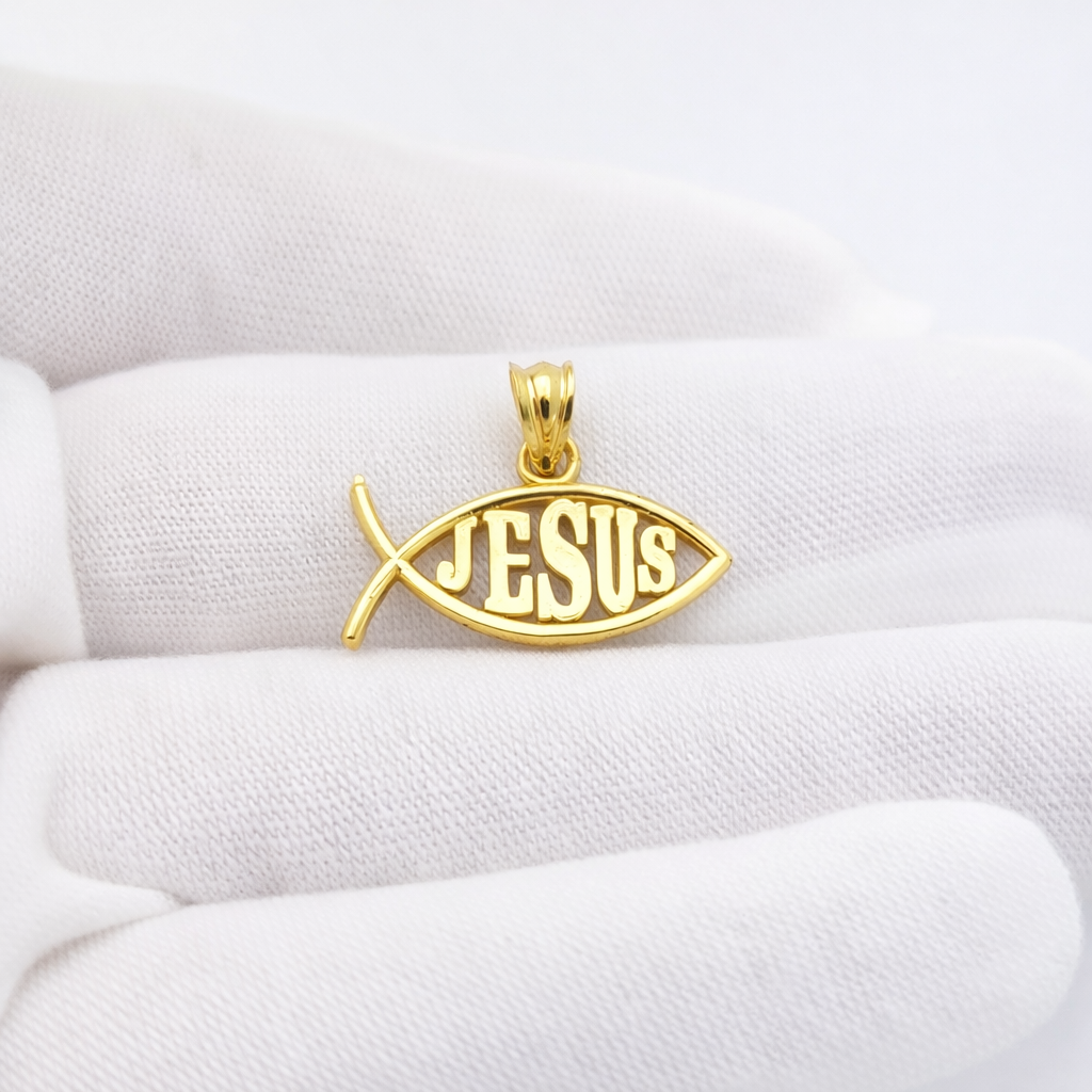 10K Yellow Gold Ichthus Christian Fish Pendant Necklace Charm with JESUS Center, Religious Jewelry for Men and Women, 0.9" x 0.7"