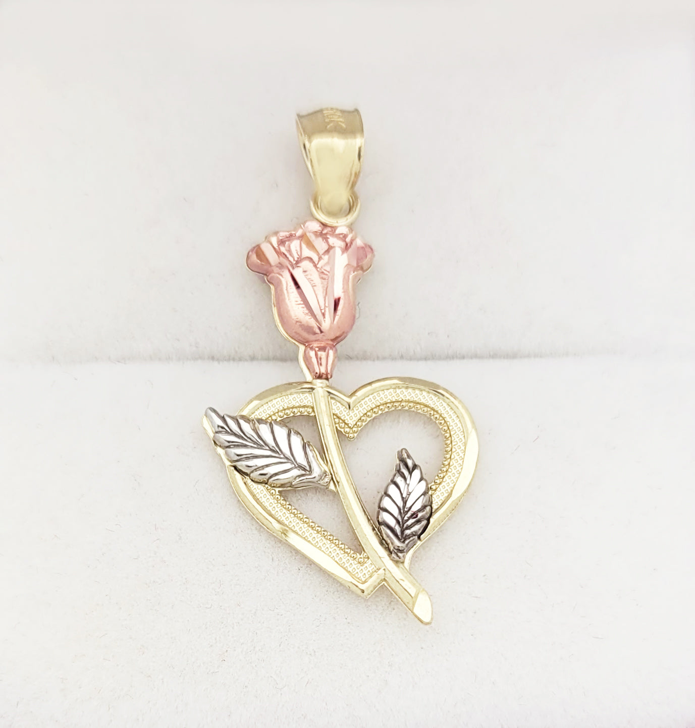 10K Yellow & Rose Gold Flower Heart Pendant, Rose Jewelry for Women, Elegant Floral Heart Charm for Necklaces, 1.2" x 0.6" - Stunu jewelry