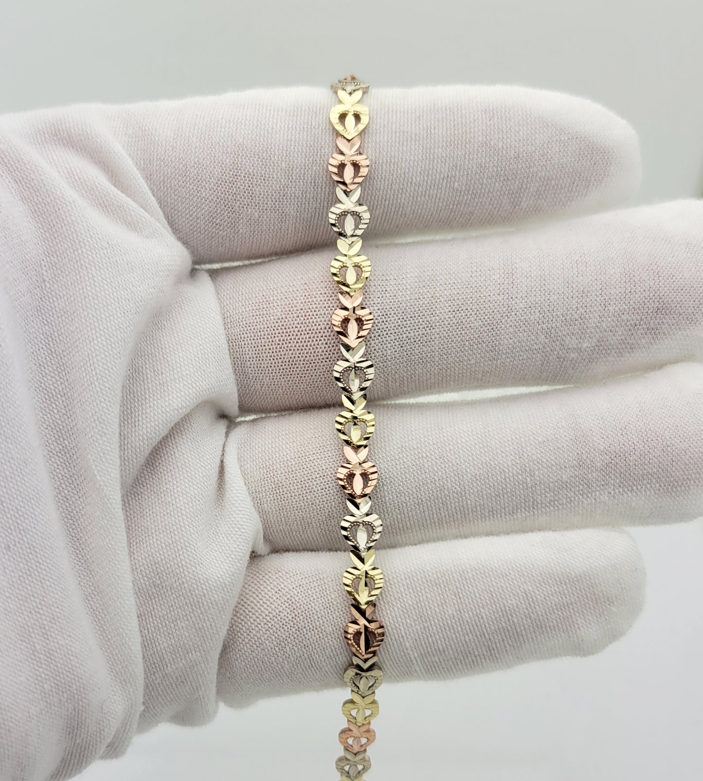 10K Tri Color Gold Heart Link Bracelet 6 mm Heart Bracelet For Women 7.25 inch - Stunu jewelry