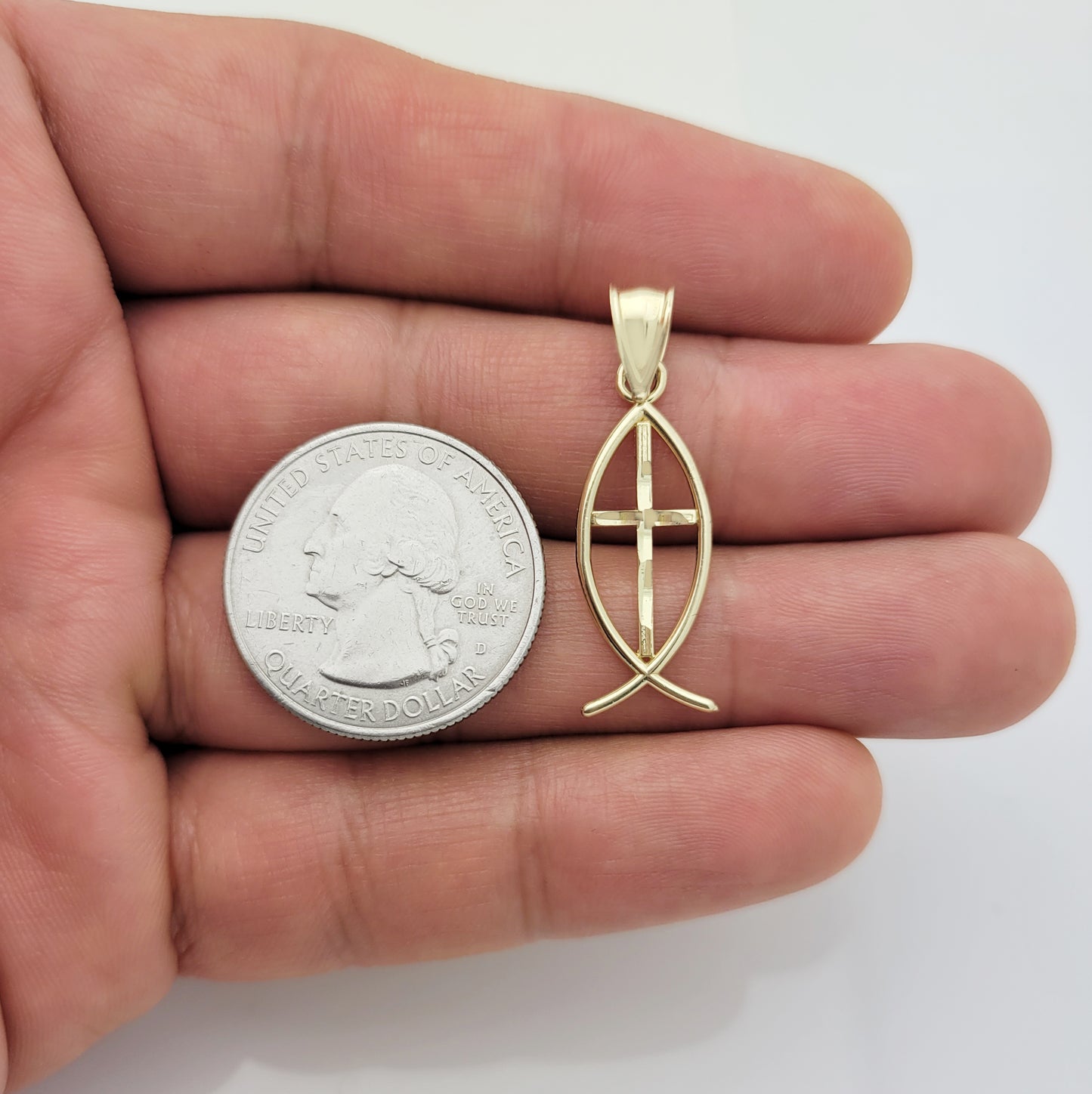 10K Yellow Gold Ichthus Christian Fish Symbol Pendant 1.3 inch Diamond Cut in Middle - Stunu jewelry