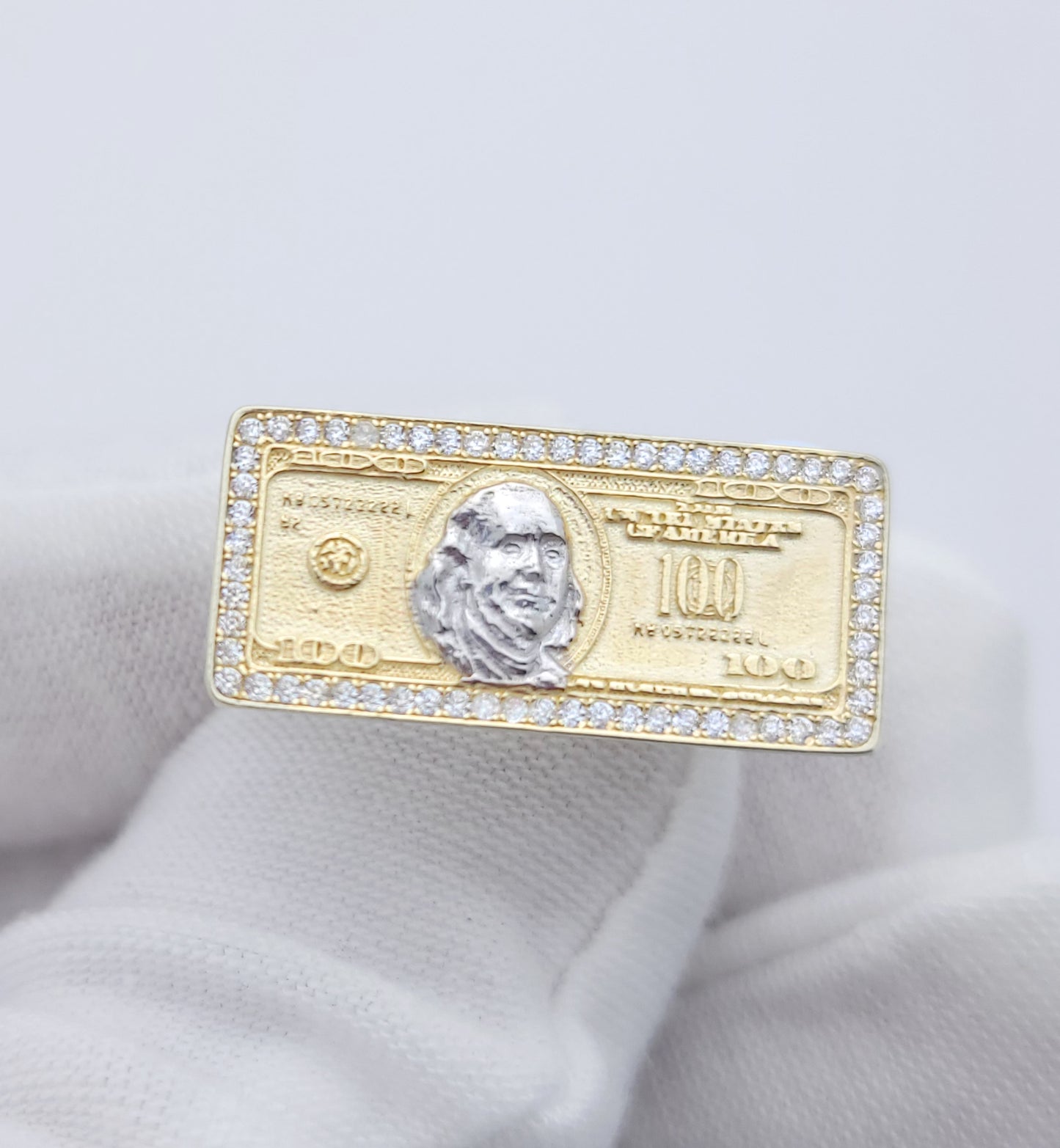 10K Yellow Gold Hundred Dollar Bill Ring Benjamin Franklin Ring CZ Ring