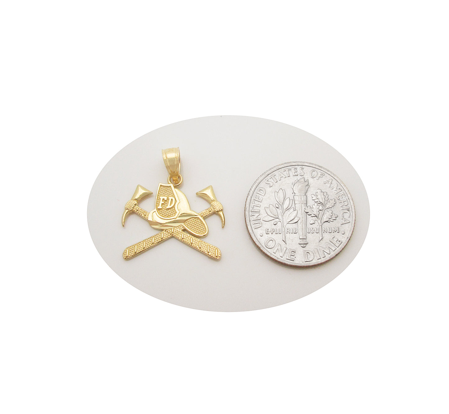 10K Yellow Gold Firefighter Helmet and Crossed Axes Pendant, Fire Department FD Badge Charm