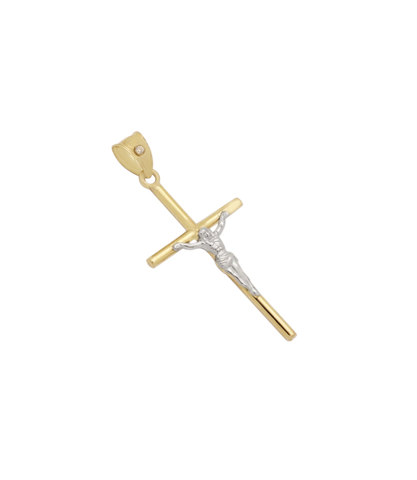 10K Yellow Gold Tube Cross Necklace Pendant Two Tone Color Cross Charm