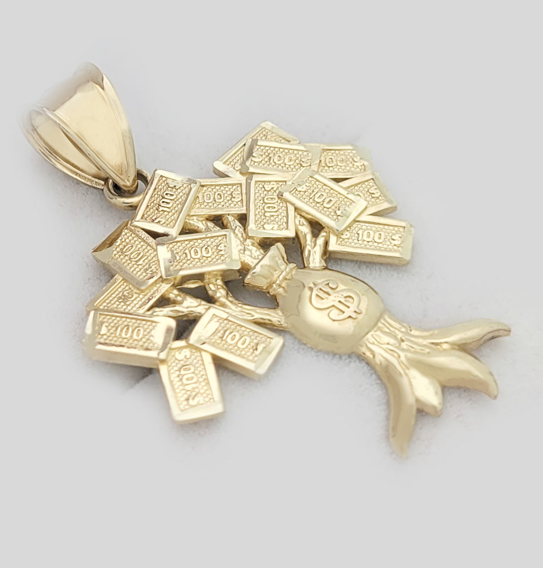 10K Yellow Gold Money Tree Pendant Money Bag Treasure Pendant 1.5 in x 1.0 in