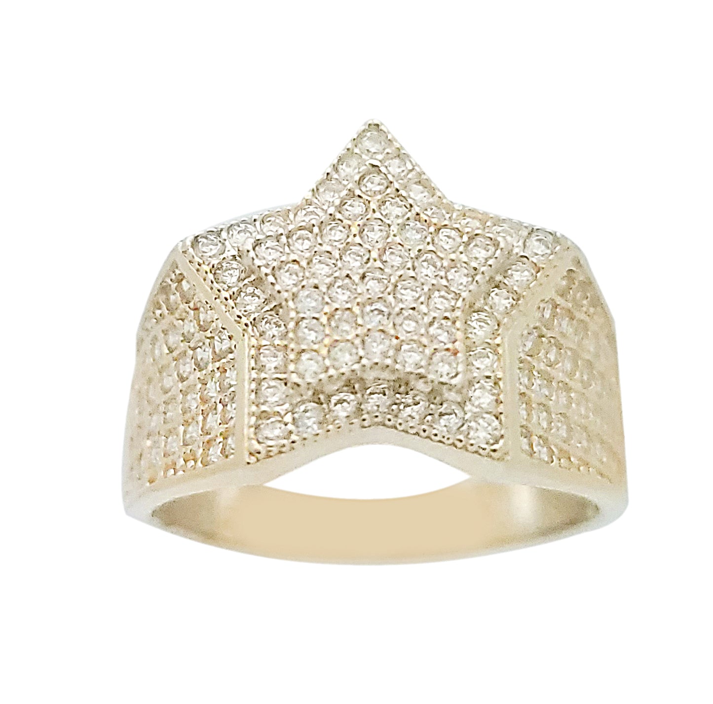 10K Yellow Gold Iced Out Double Star Ring - Hip Hop Style Men's CZ Statement Ring, 0.65" Large Starburst Band - Stunu jewelry