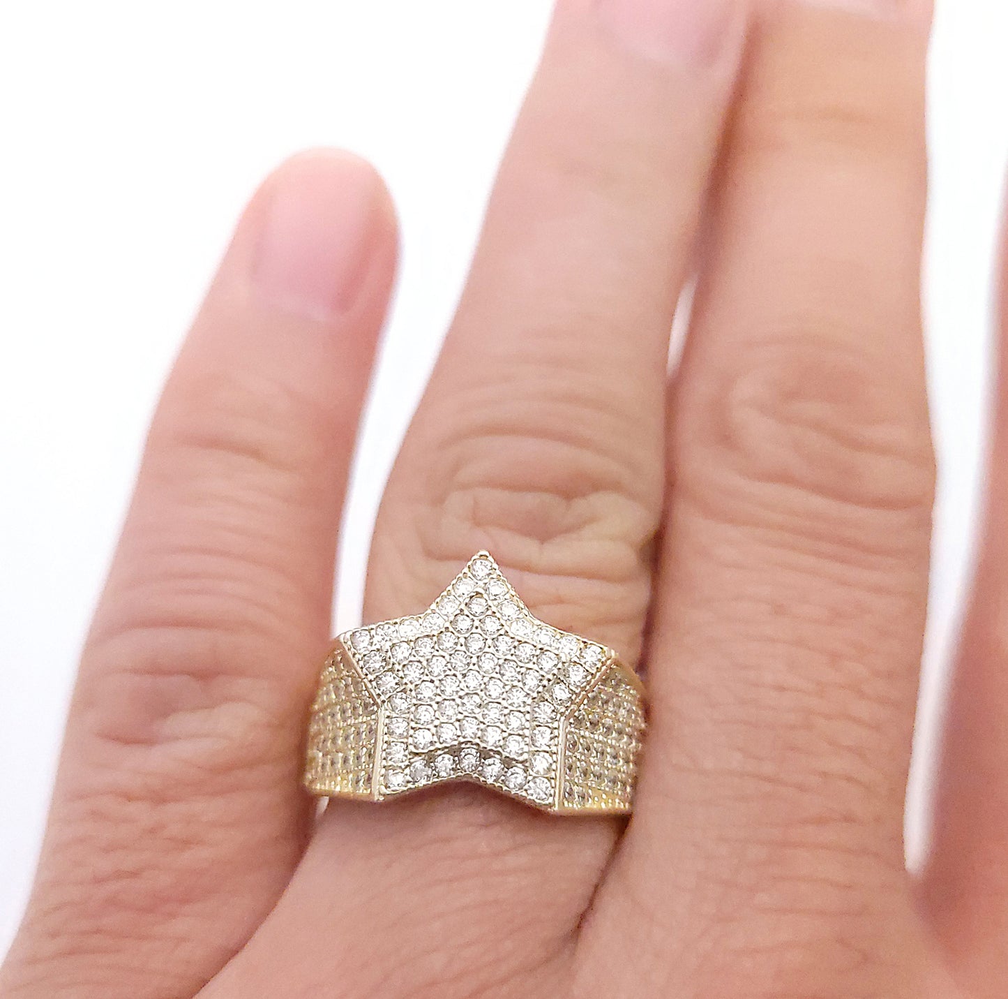 10K Yellow Gold Iced Out Double Star Ring - Hip Hop Style Men's CZ Statement Ring, 0.65" Large Starburst Band - Stunu jewelry