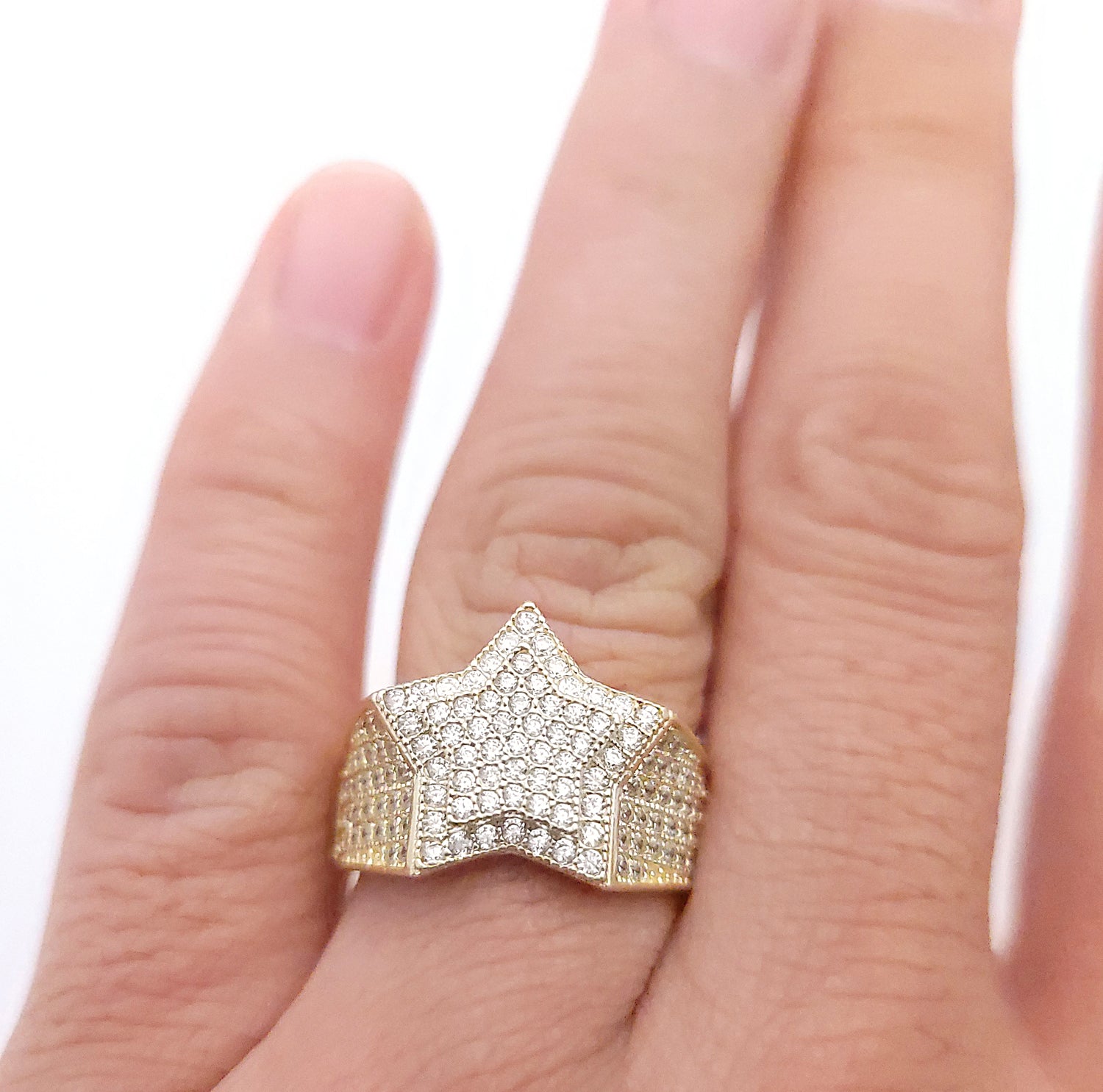 10K Yellow Gold Iced Out Double Star Ring - Hip Hop Style Men's CZ Statement Ring, 0.65" Large Starburst Band - Stunu jewelry
