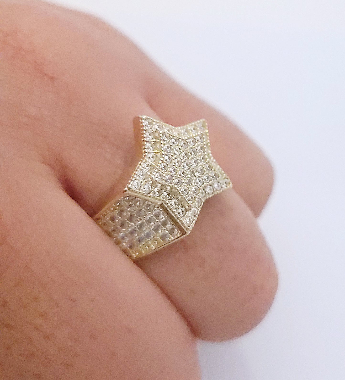 10K Yellow Gold Iced Out Double Star Ring - Hip Hop Style Men's CZ Statement Ring, 0.65" Large Starburst Band - Stunu jewelry