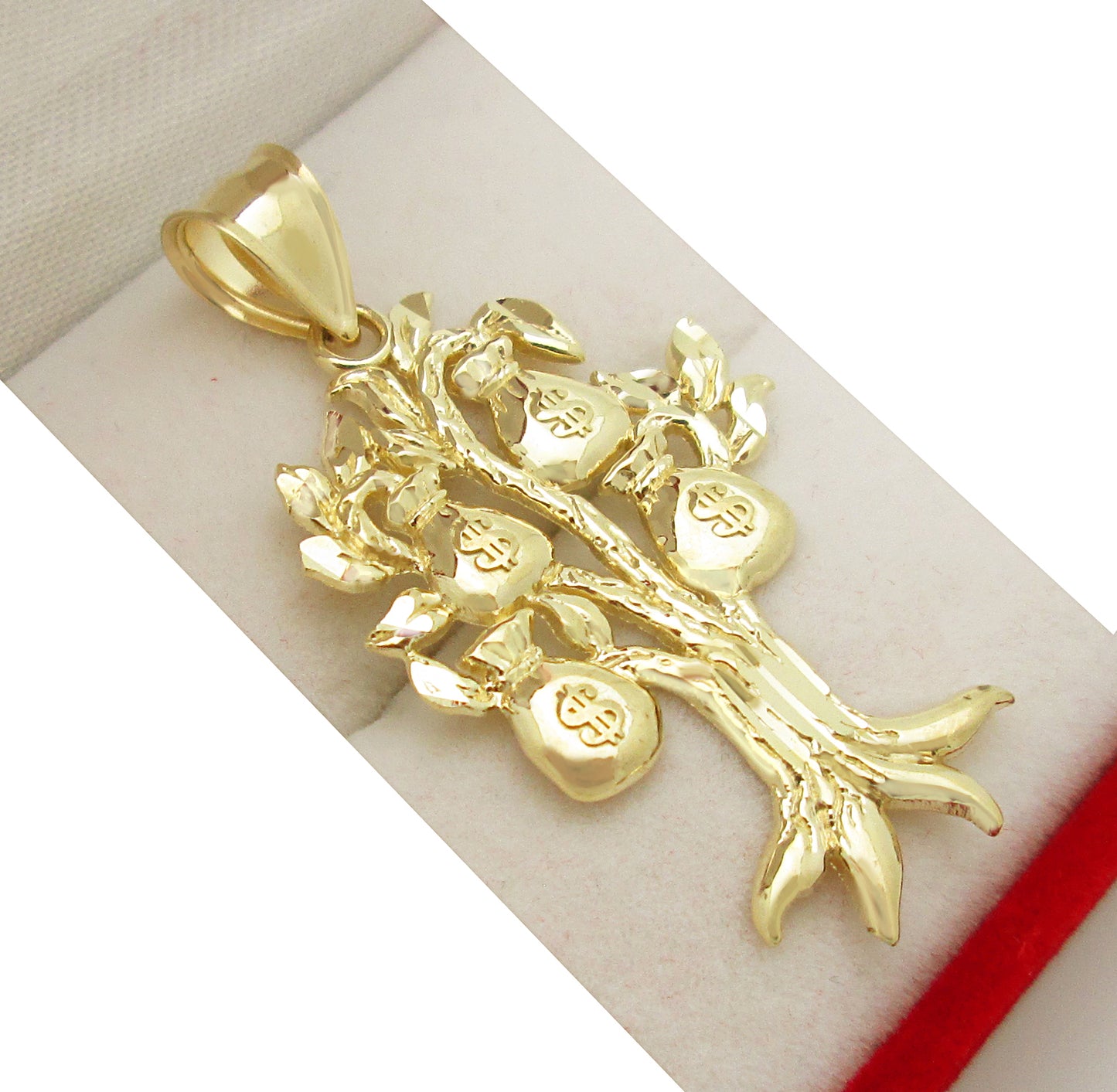 10K Yellow Gold Money Tree Pendant Money Bag Treasure Pendant 1.3 in x 0.6 in