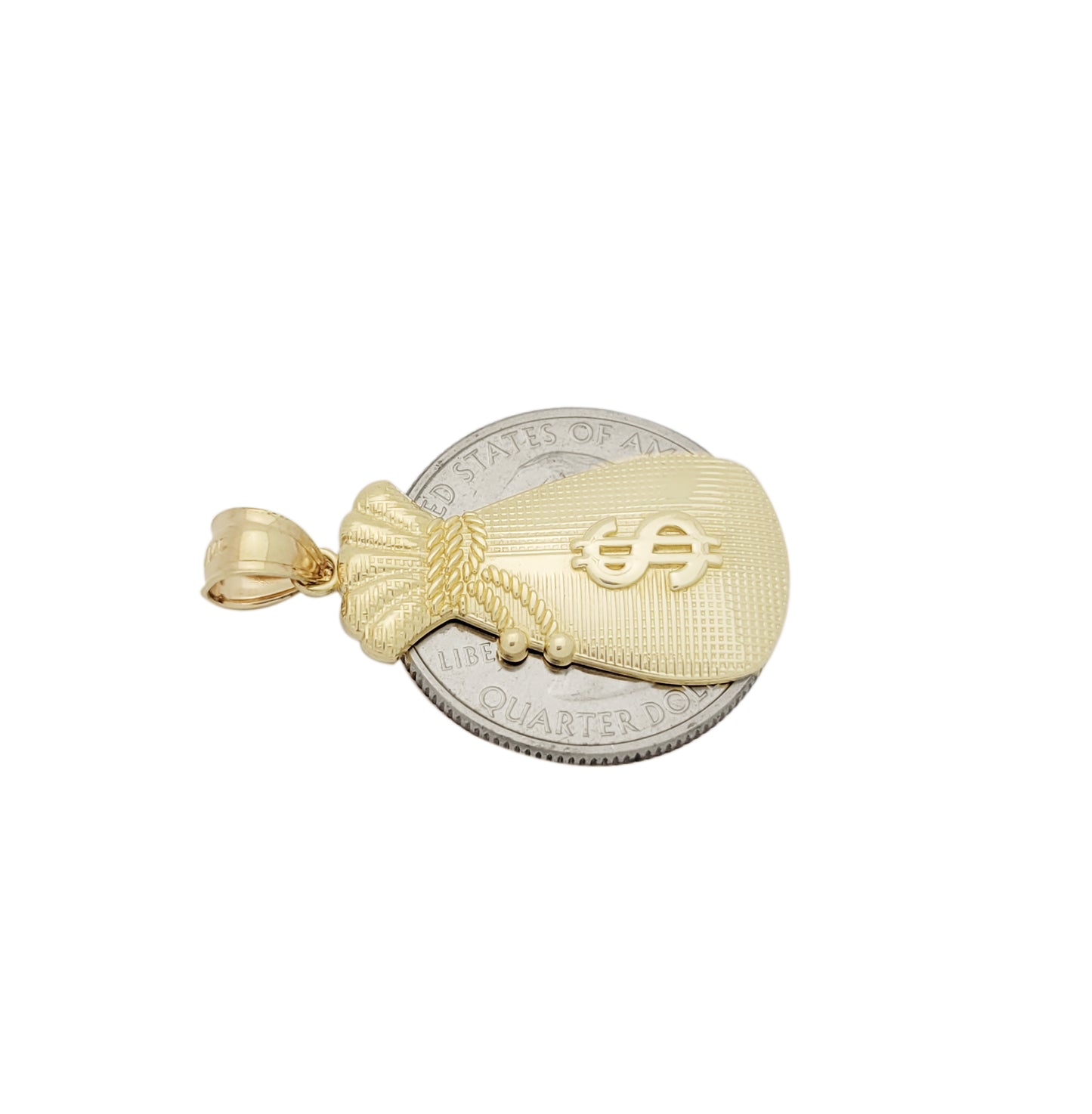 10K Yellow Gold Dollar Sign Money Bag Pendant – Wealth Symbol Gold Charm Necklace