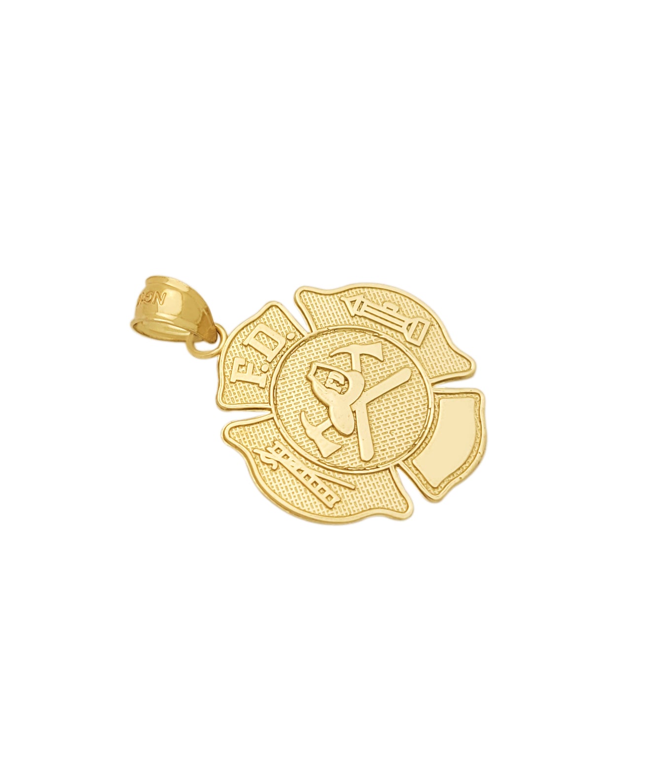 10K Yellow Gold Fireman Firefighter Badge Pendant Fire Dept Charm F.D Charm Firemen's Hat And Axes