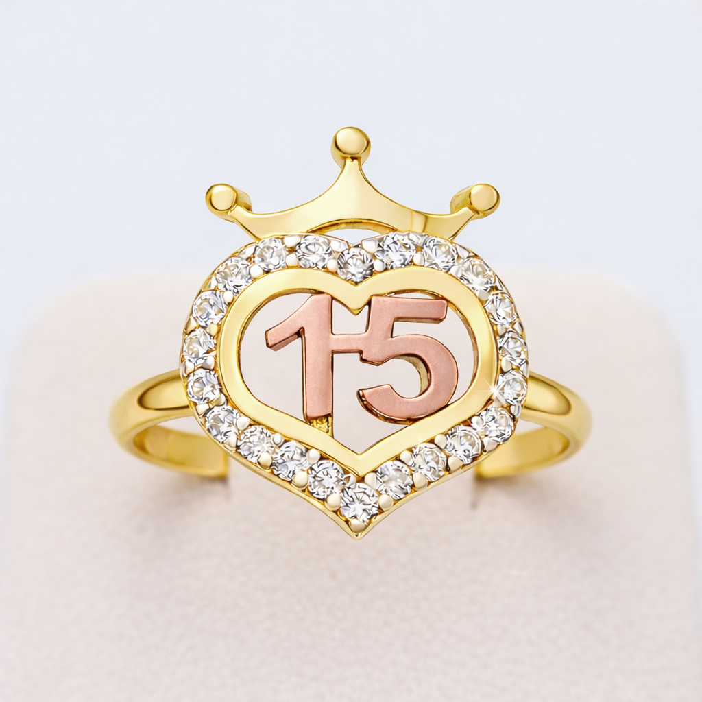 10K Yellow And Rose Gold Quinceanera Ring 15 Anos Crown Ring - Stunu jewelry