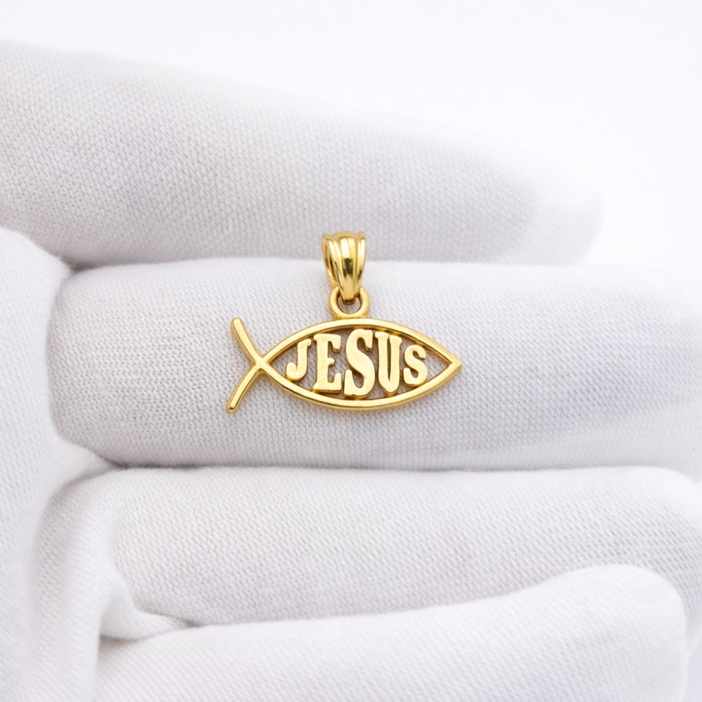 10K Yellow Gold Ichthus Christian Fish Pendant Necklace Charm with JESUS Center, 0.75" x 0.65"