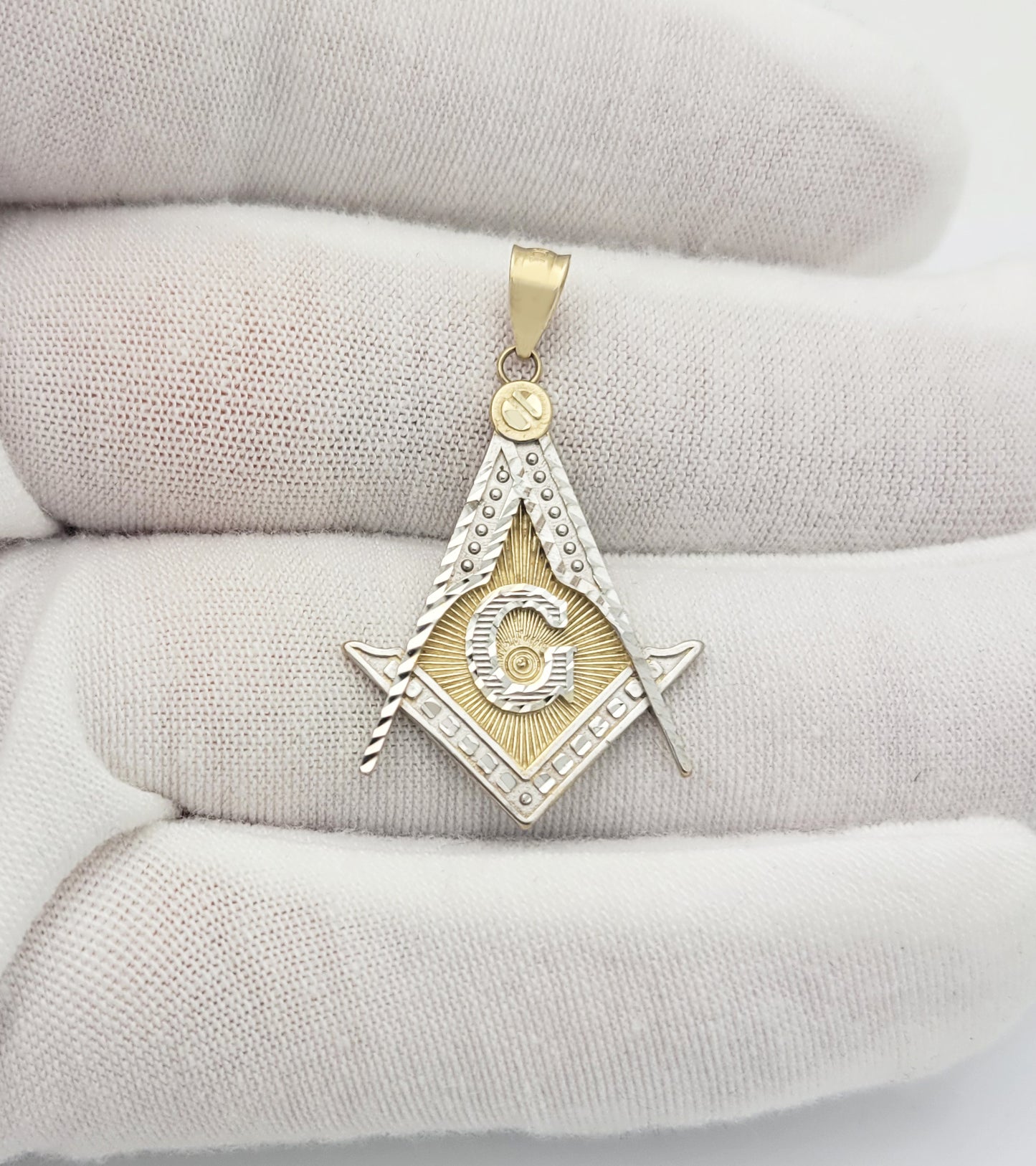10K Yellow Gold Two Tone Masonic Pendant Freemason Necklace Pendant
