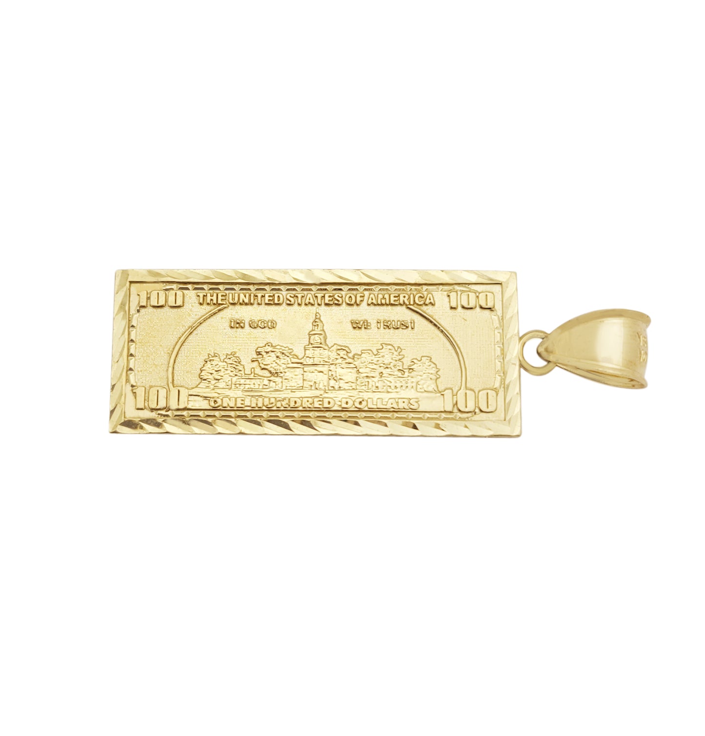 10K Yellow Gold Hundred Dollar Bill Pendant Benjamin Franklin Bill Charm 2.0 in x 0.65 in