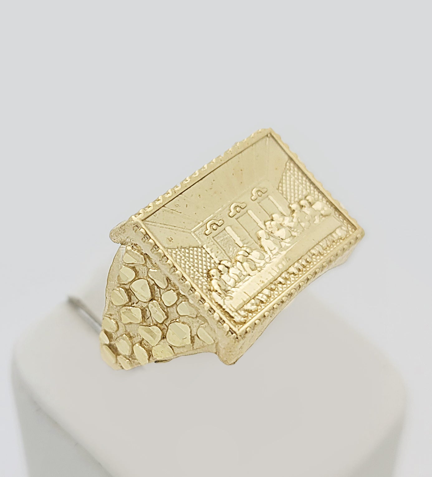 10K Yellow Gold Thin Last Supper Ring For Men Size 10.5