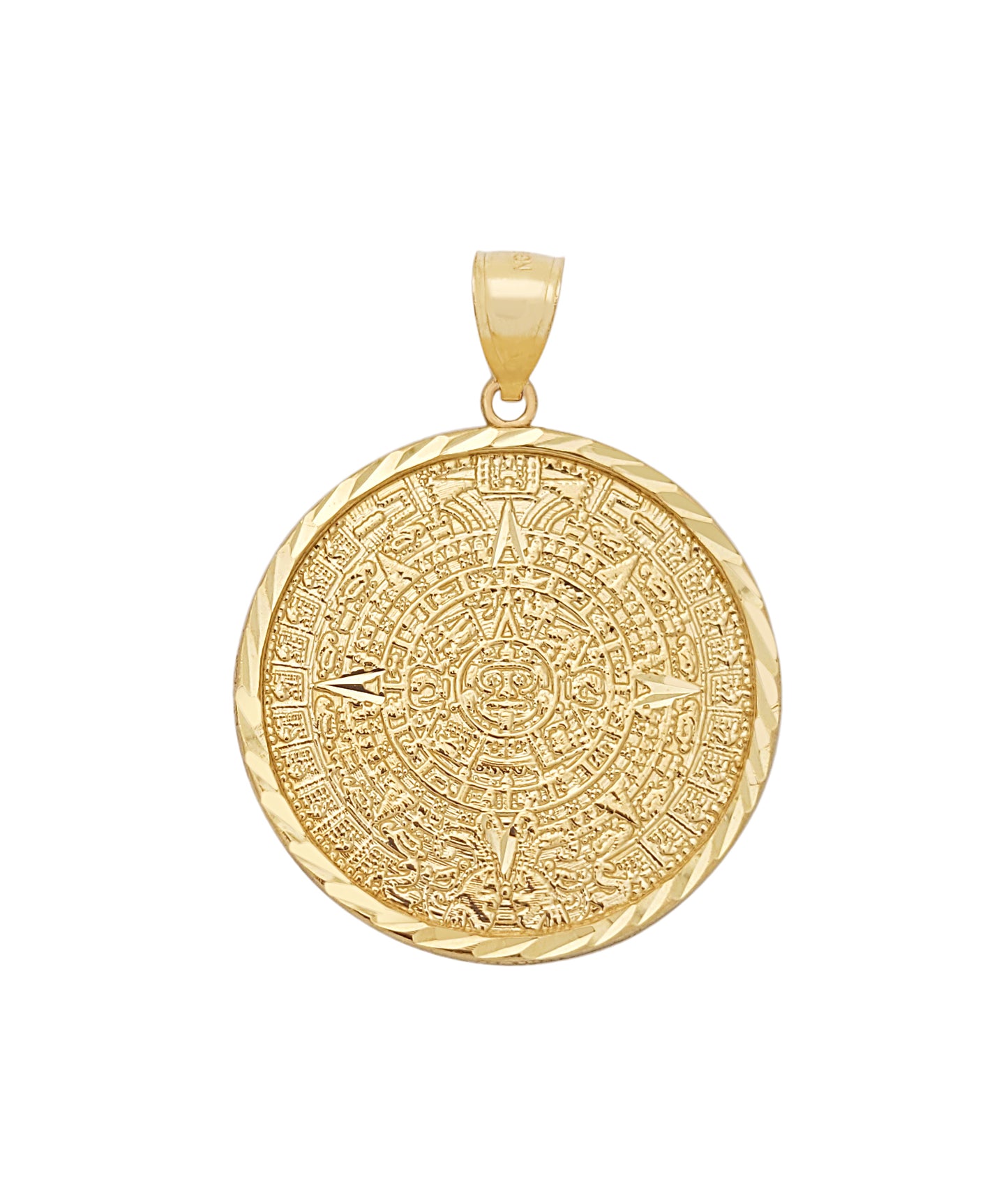 10K Yellow Gold Round Aztec Mayan Calendar Charm Pendant Mayan Gold 1.15 inch Diameter