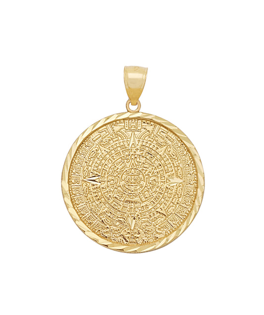 10K Yellow Gold Round Aztec Mayan Calendar Charm Pendant Mayan Gold 1.15 inch Diameter