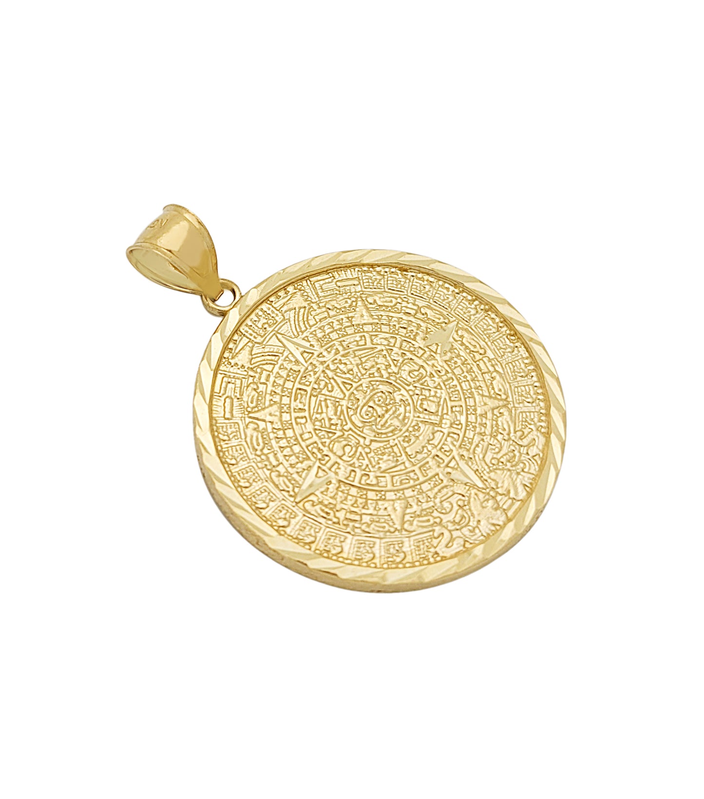 10K Yellow Gold Round Aztec Mayan Calendar Charm Pendant Mayan Gold 1.15 inch Diameter