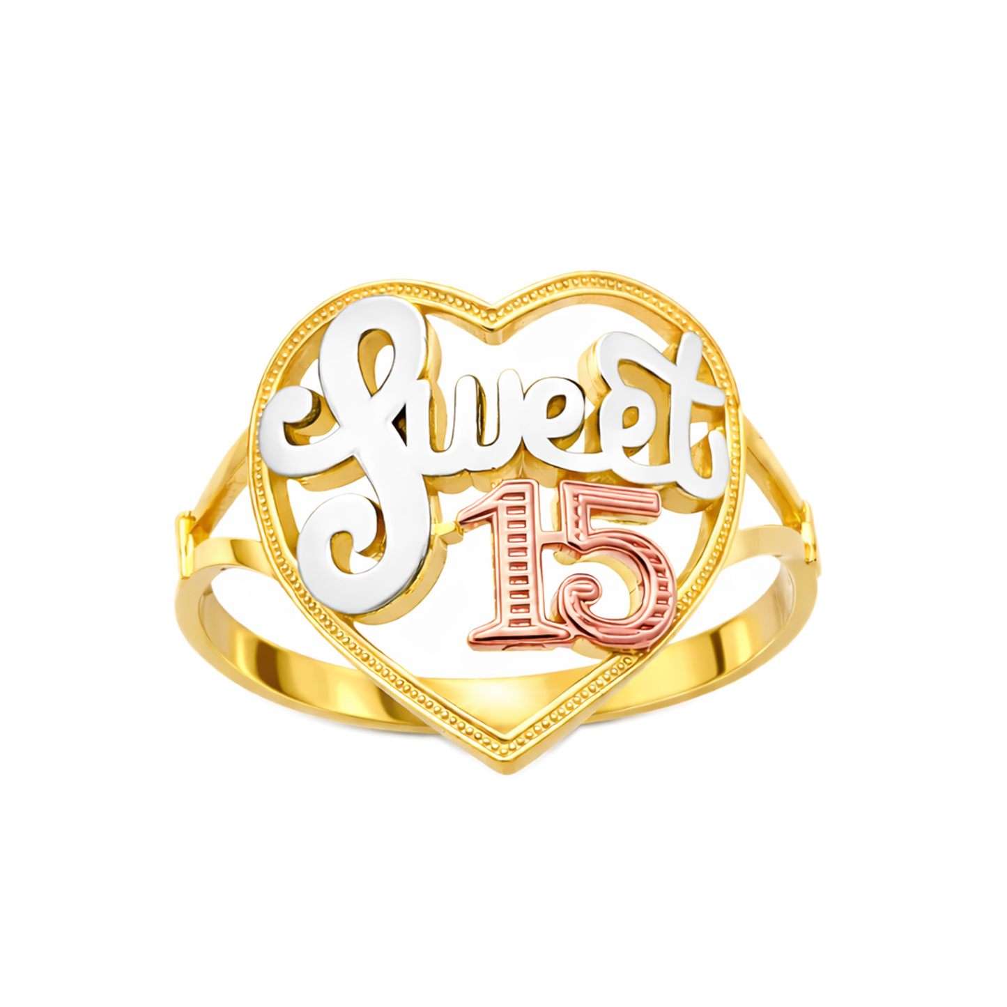 10K Tri Color Gold Sweet 15 Heart Quinceanera Ring 15 Anos - Stunu jewelry