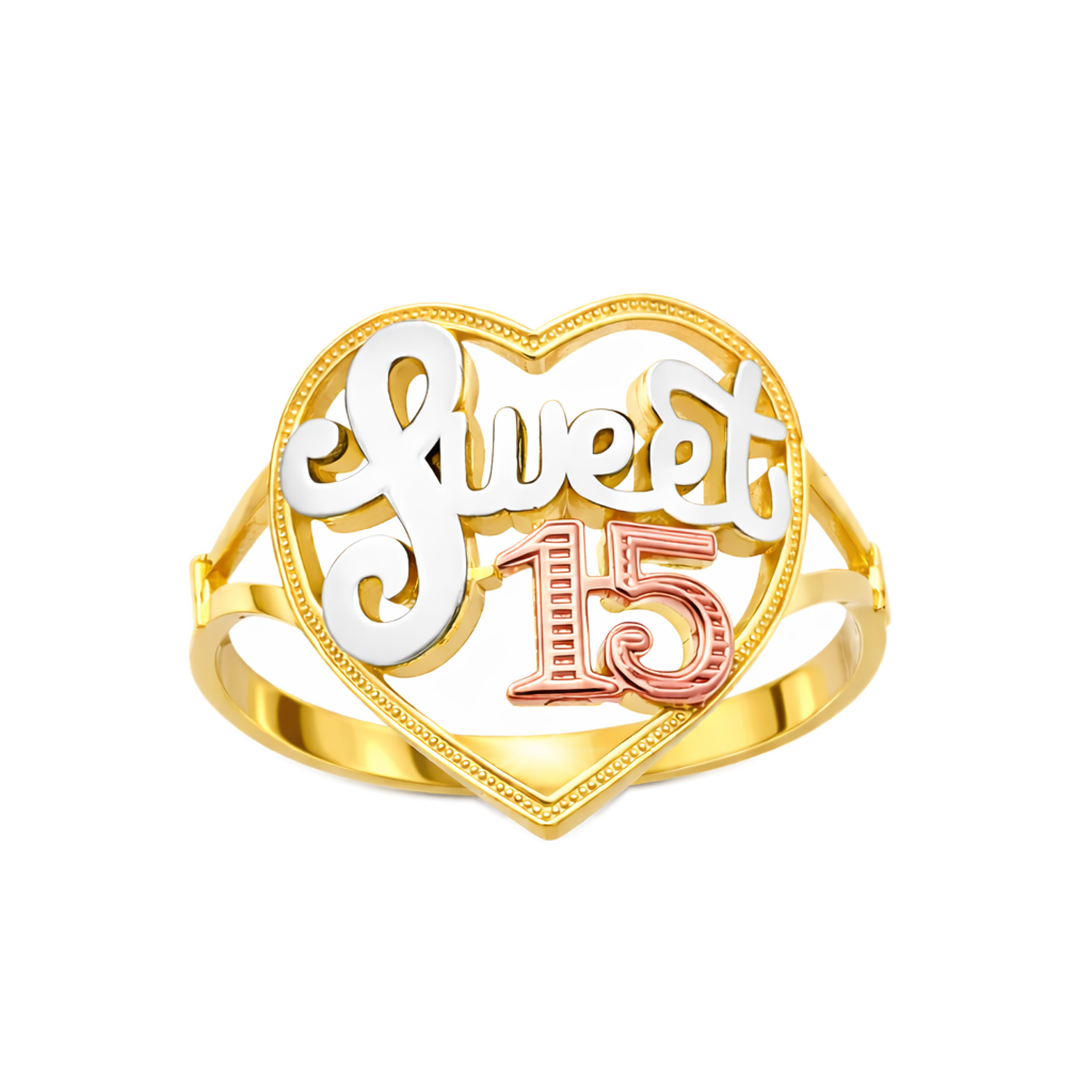 10K Tri Color Gold Sweet 15 Heart Quinceanera Ring 15 Anos - Stunu jewelry