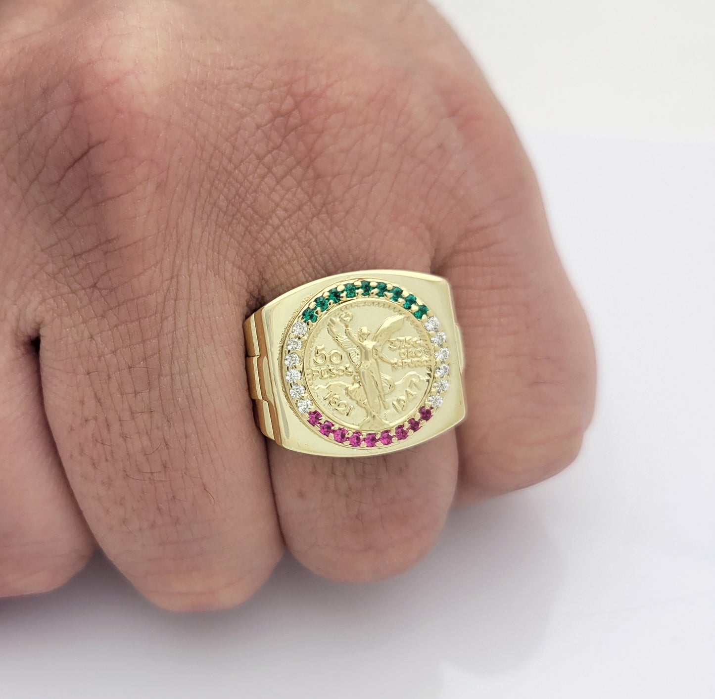 10K Yellow Gold 50 Pesos Coin Ring Mexican Flag Color Ring 7.5 g