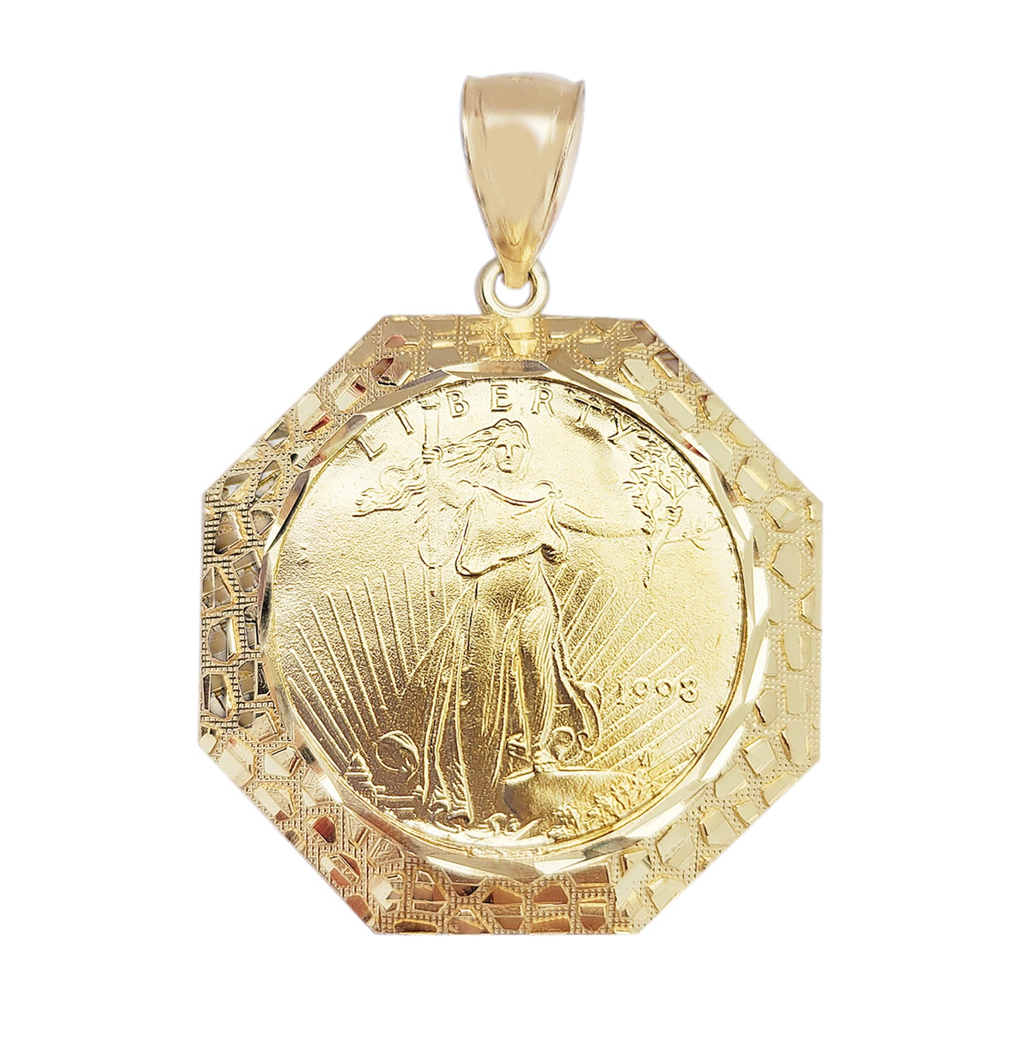 10K Yellow Gold Mens Walking Liberty Coin and Octagon Nugget Bezel Pendant 7.0 g
