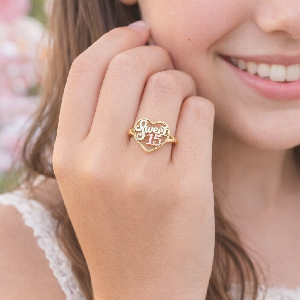 10K Tri Color Gold Sweet 15 Heart Quinceanera Ring 15 Anos - Stunu jewelry
