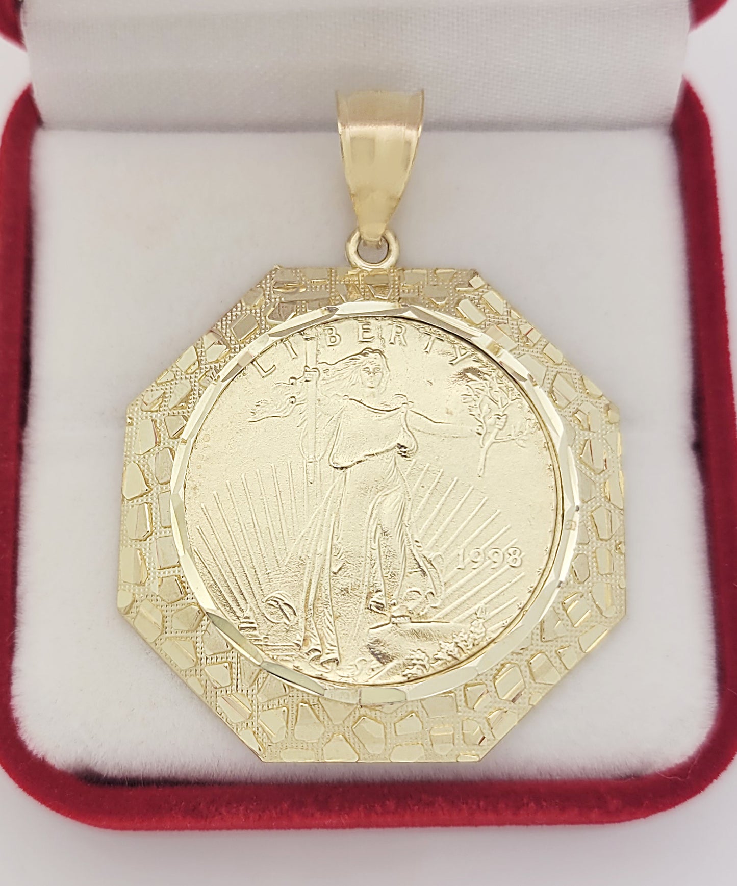 10K Yellow Gold Mens Walking Liberty Coin and Octagon Nugget Bezel Pendant 7.0 g