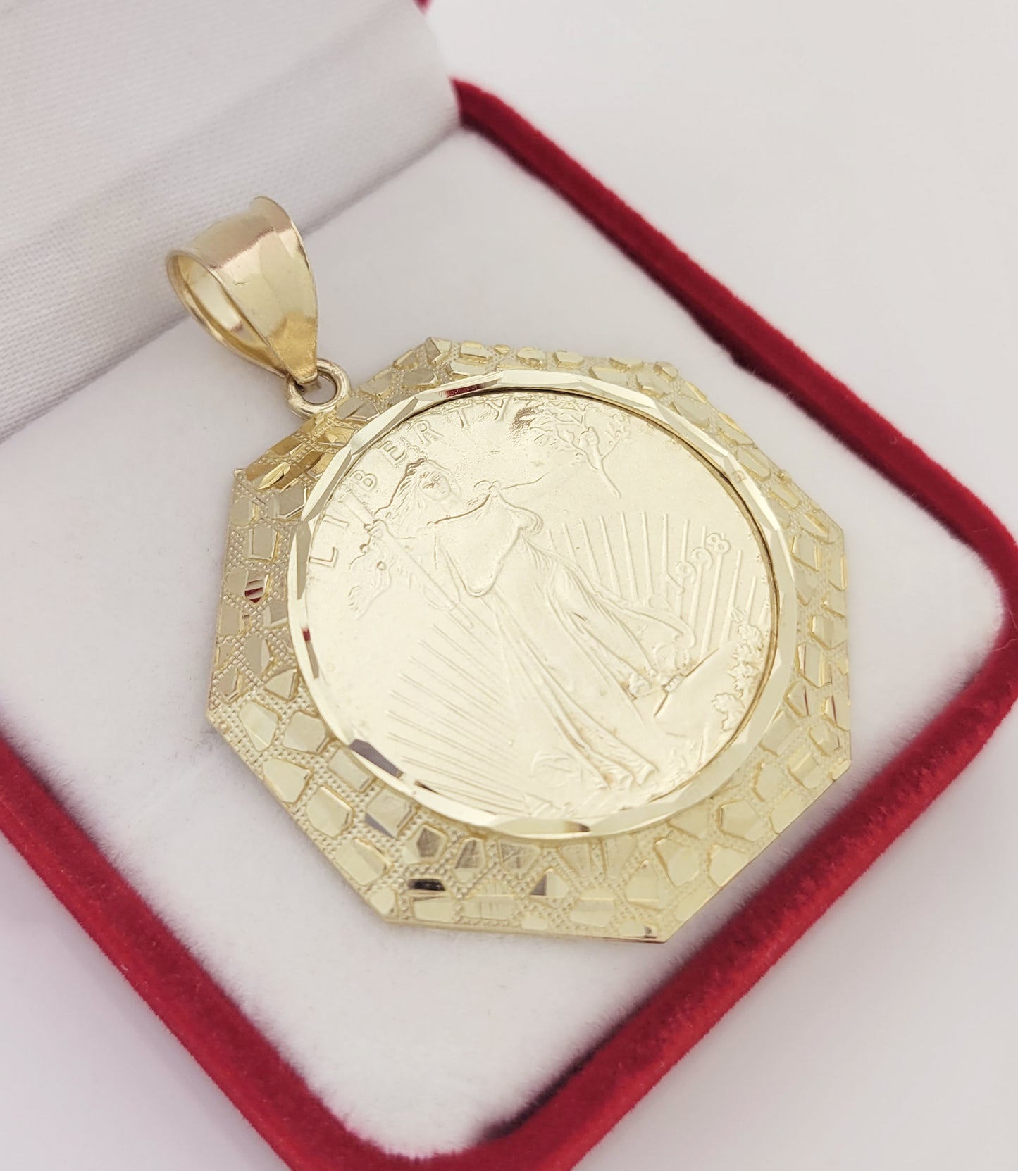 10K Yellow Gold Mens Walking Liberty Coin and Octagon Nugget Bezel Pendant 7.0 g